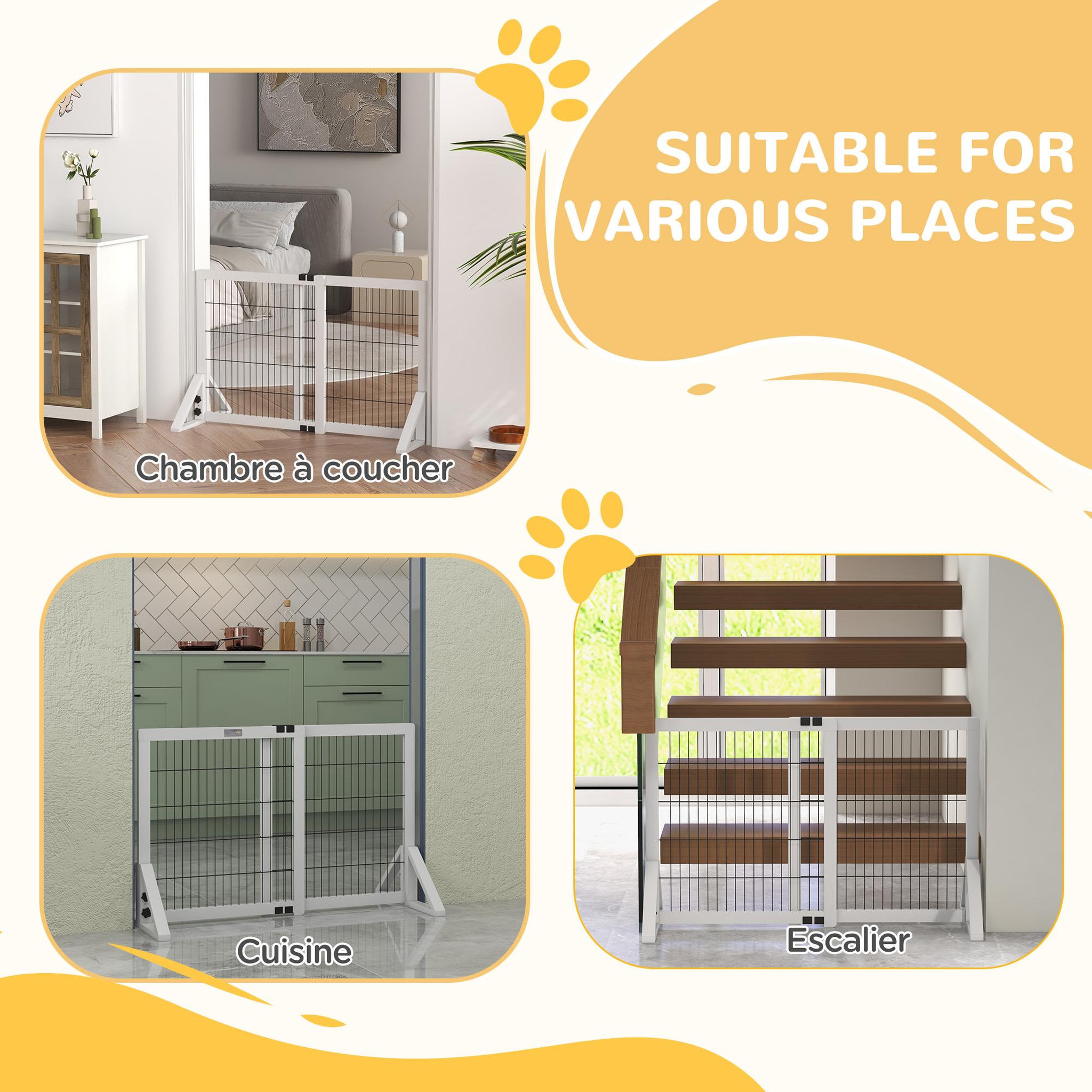 Voir la diapositive 6 : PAWHUT Barrière de sécurité pour chien, barrière de protection à 2 panneaux largeur réglable 63-106l x 44l x 67h cm, barrière pour escalier, porte, couloirs, en bois de pin et acier, blanc