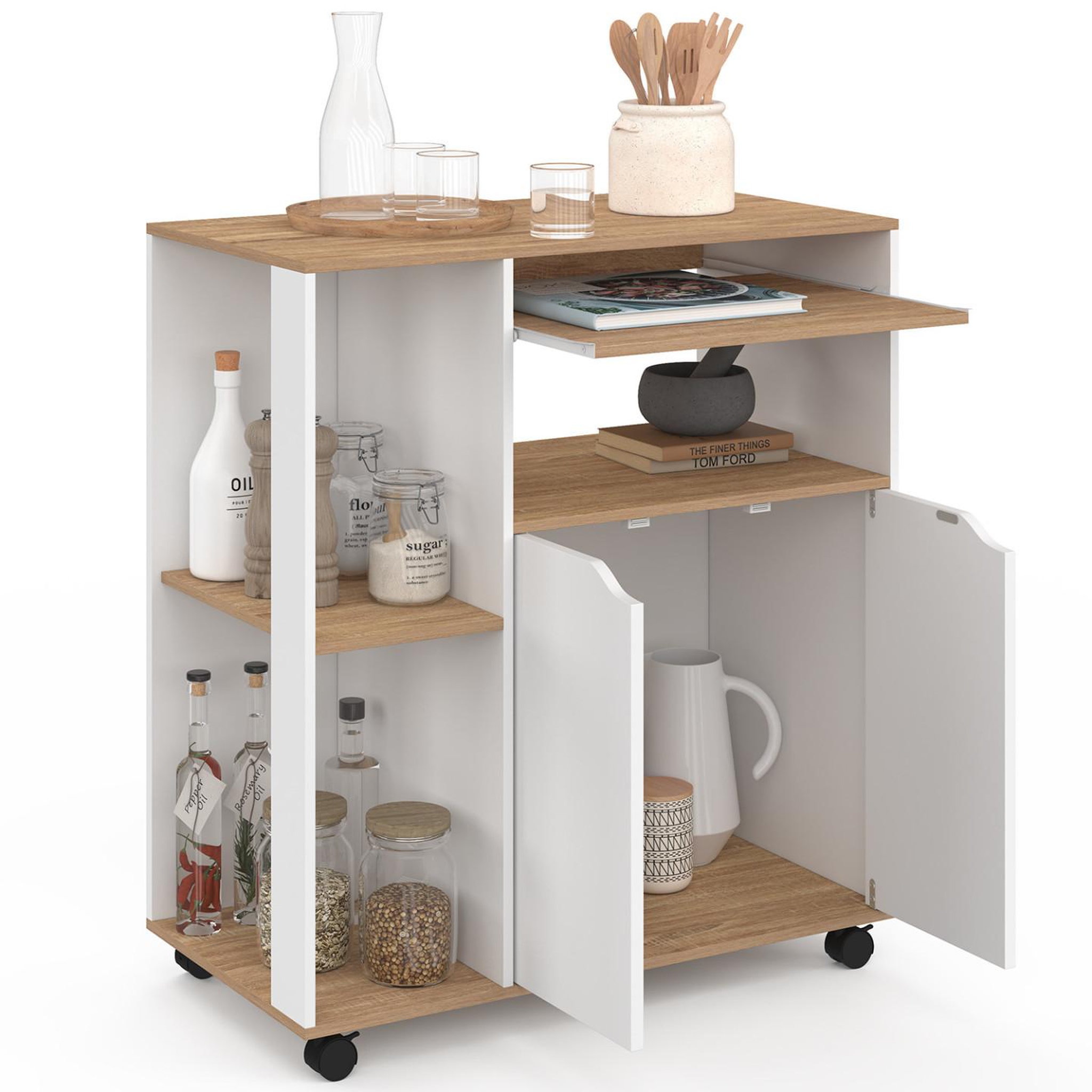 Voir la diapositive 4 : ID MARKET Desserte de cuisine cosi bois blanc et plateaux façon hêtre l.76 cm