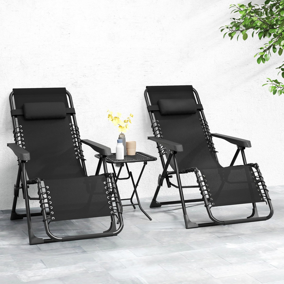 OUTSUNNY Lot de 2 chaises longues pliables inclinables zéro gravité avec table d'appoint métal textilène noir