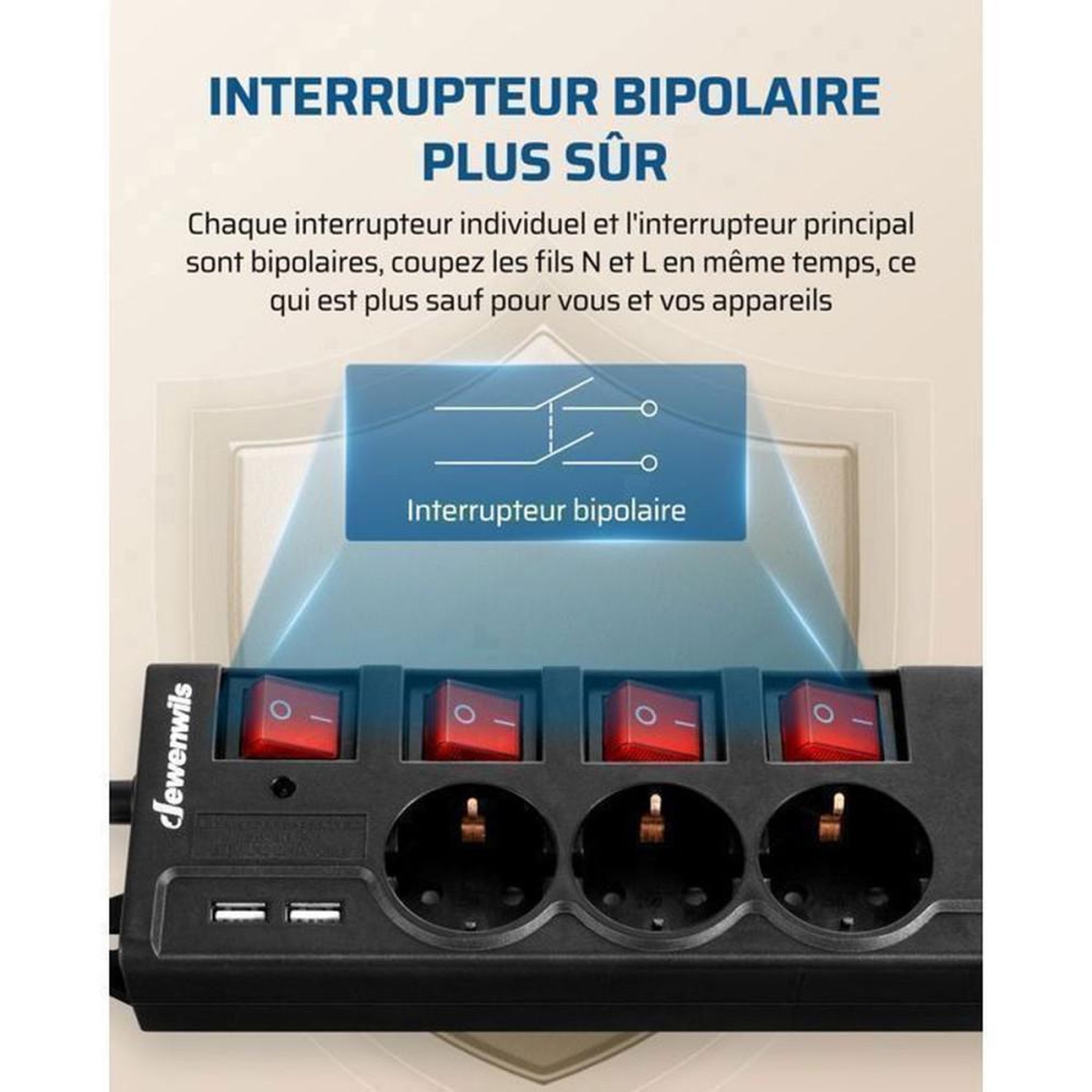 Voir la diapositive 3 : Multiprise DEWENWILS avec protection surtension, 6 prises secteur 16A 3680W, 2 ports USB 5V 2,1A et 7 interrupteurs individuels LED, noire