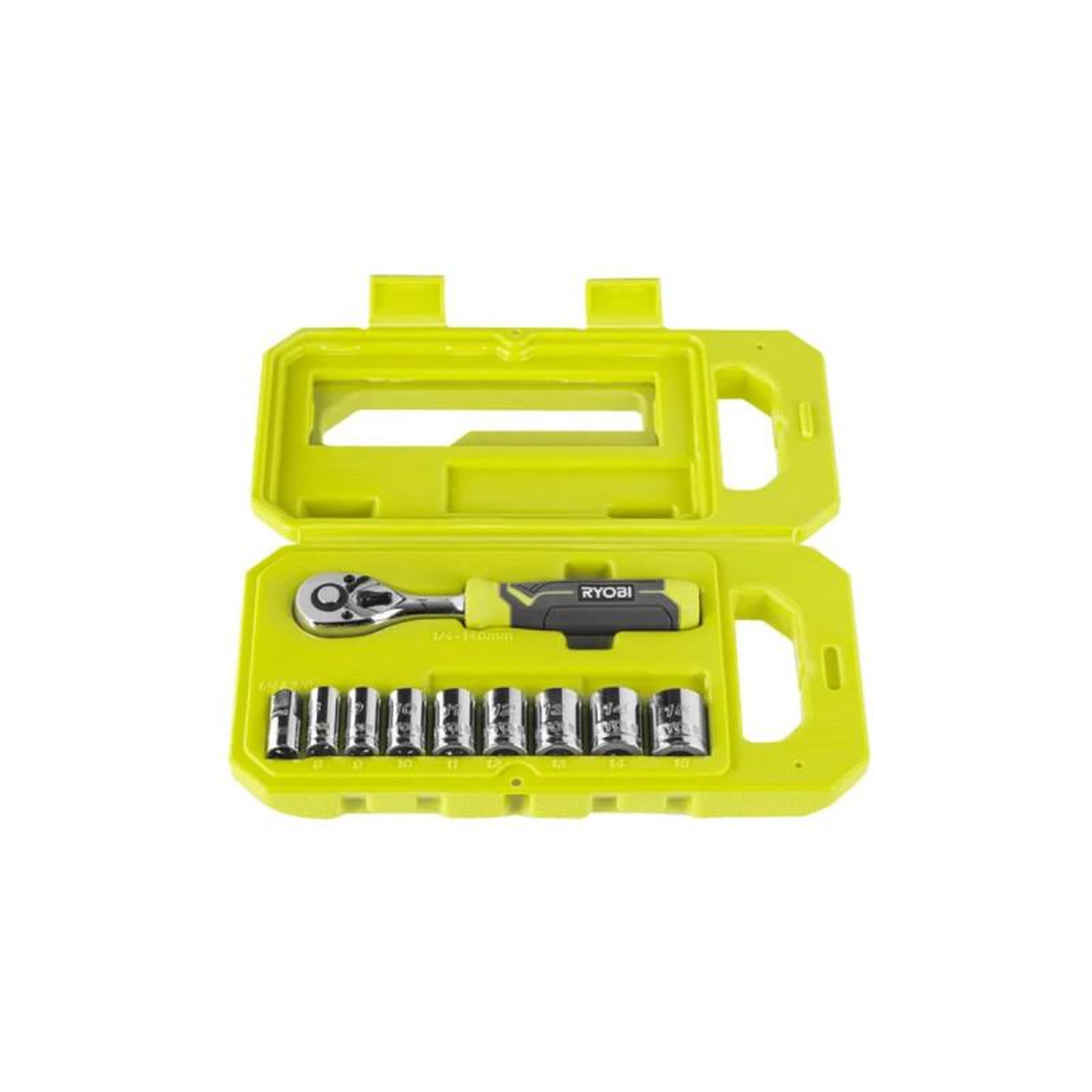Ryobi Coffret 8 douilles ryobi - clé 90 dents - adaptateur 1/4'' vers 3/8'' - rhrs10pc