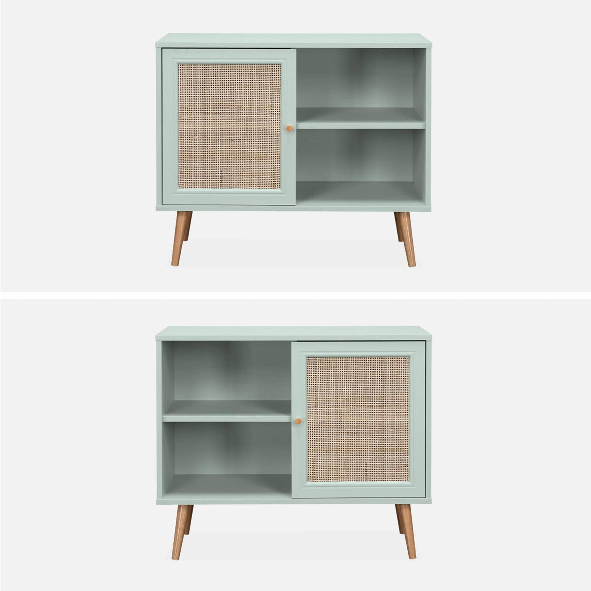 SWEEEK Meuble de rangement en cannage 80x39x65.8cm  Bohème - Vert céladon-  2 niveaux - 1 porte -  pieds scandinaves. buffet bas