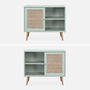 Voir la diapositive 3 : SWEEEK Meuble de rangement en cannage 80x39x65.8cm  Bohème - Vert céladon-  2 niveaux - 1 porte -  pieds scandinaves. buffet bas