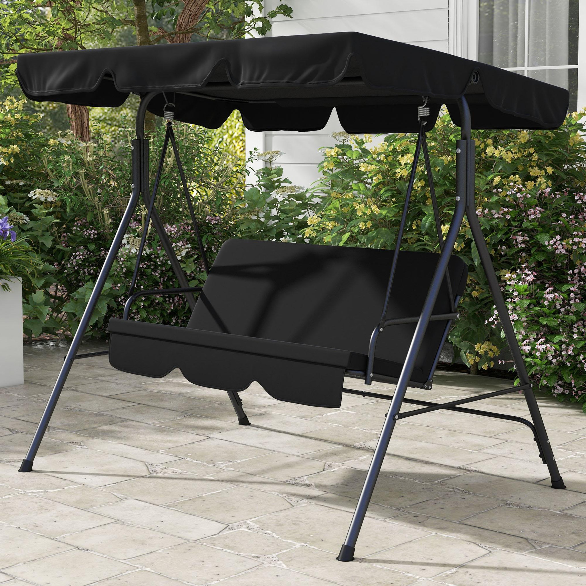 Voir la diapositive 2 : OUTSUNNY Balancelle de jardin 3 places toit réglable coussins assise dossier acier polyester noir