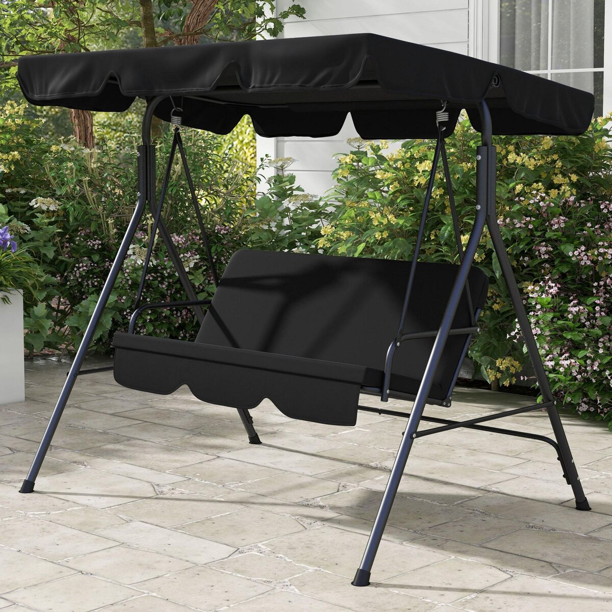 OUTSUNNY Balancelle de jardin 3 places toit réglable coussins assise dossier acier polyester noir