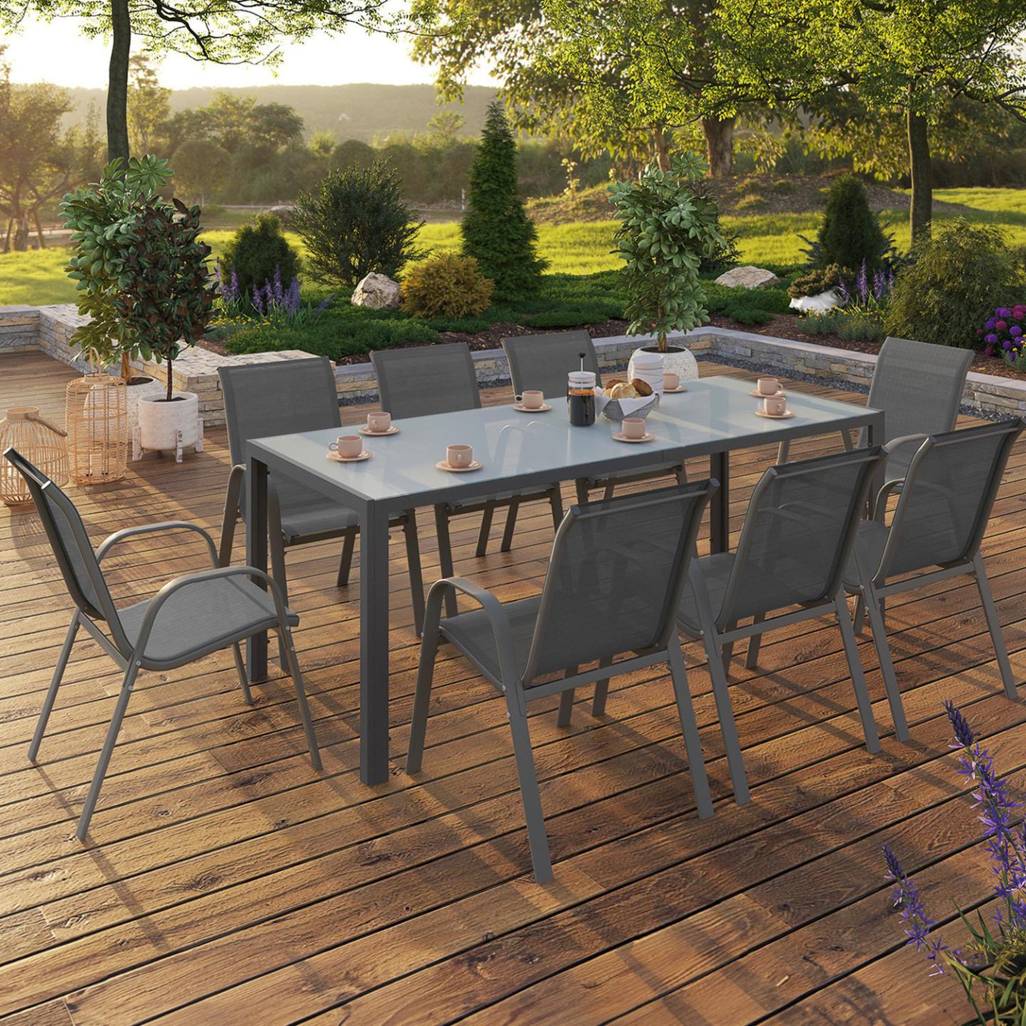 Voir la diapositive 2 : ID MARKET Salon de jardin madrid table 190 cm et 8 chaises empilables gris anthracite plateau transparent