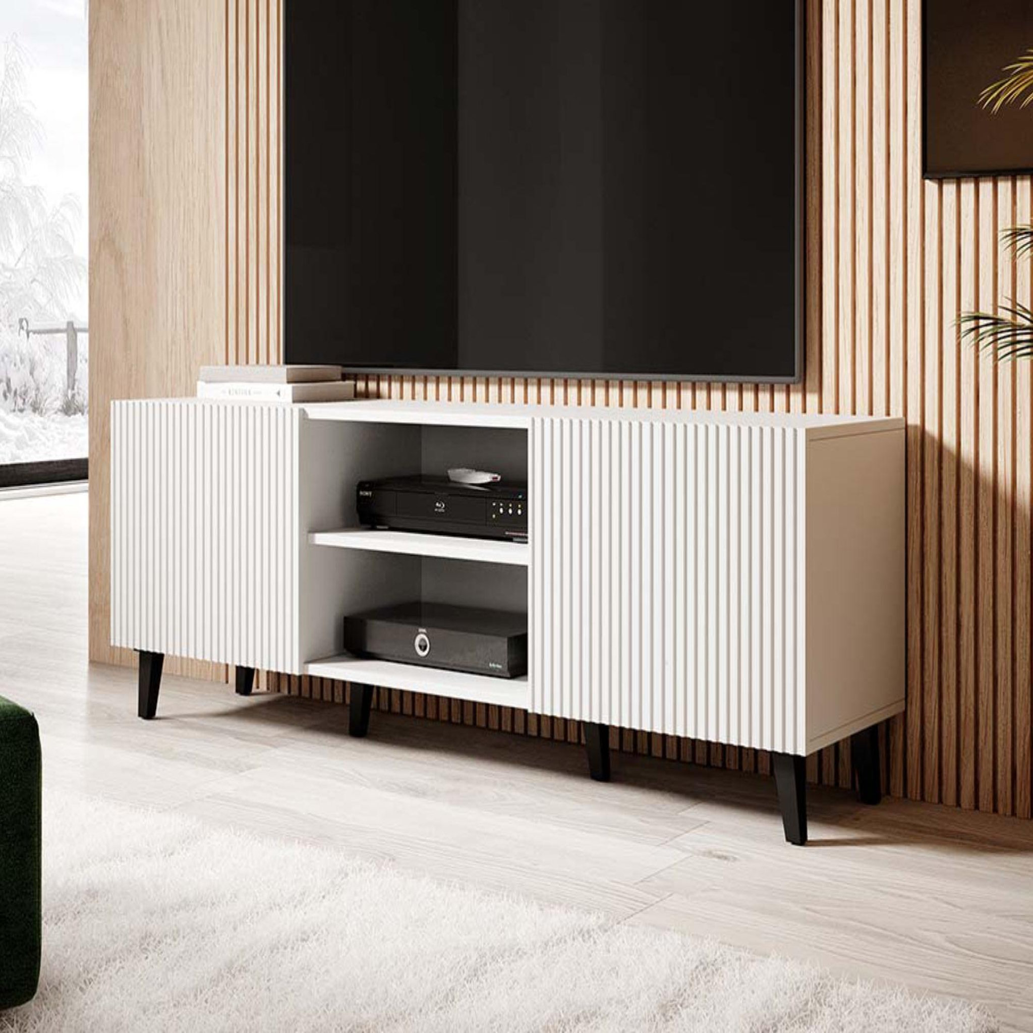 BEST MOBILIER Sanna - meuble tv - 2 portes et 2 niches - 150 cm. Coloris disponibles : Blanc, Noir