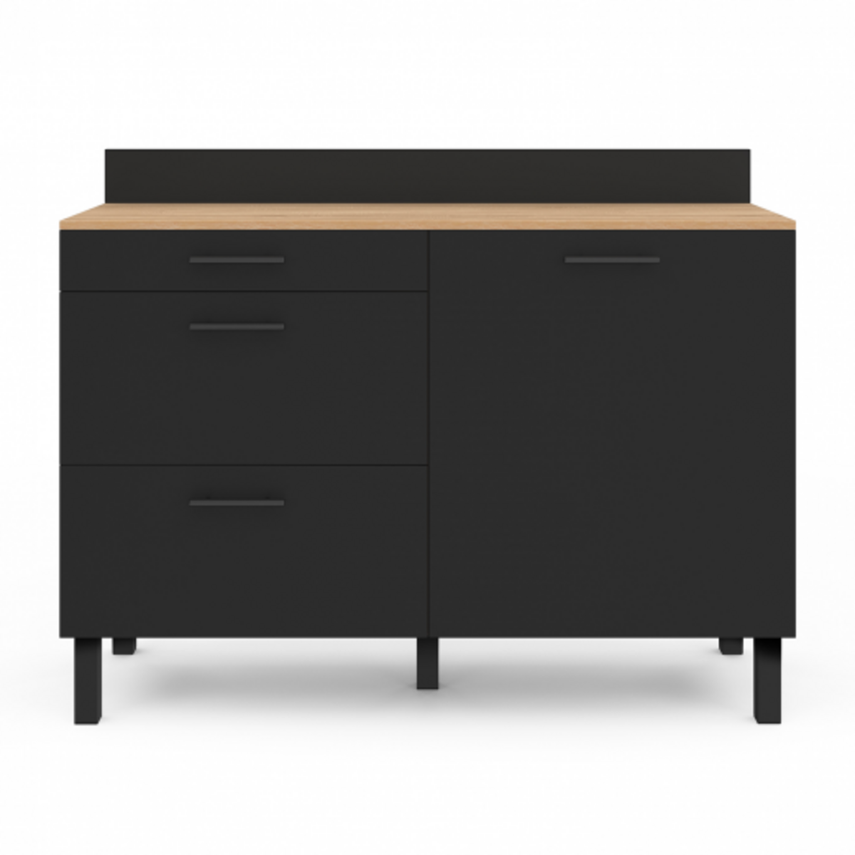 ID MARKET Buffet bas casserolier de cuisine 120 CM CINA plan de travail H.83 cm 1 porte + 3 tiroirs façon hêtre et noir