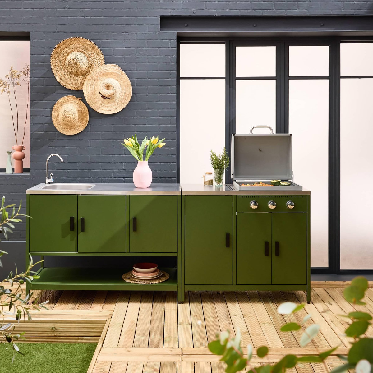 SWEEEK Cuisine extérieure Naxos 2 modules acier inoxydable barbecue gaz 3 brûleurs avec évier