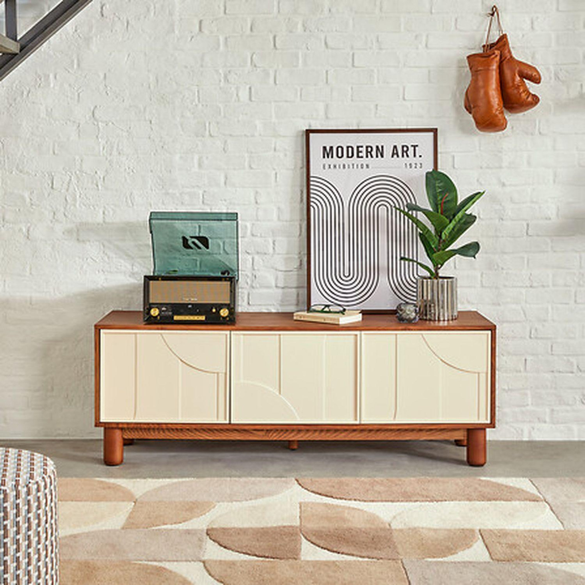 Voir la diapositive 2 : ATMOSPHERA Meuble tv 2 portes et 1 tiroir design en relief jilani - marron et beige