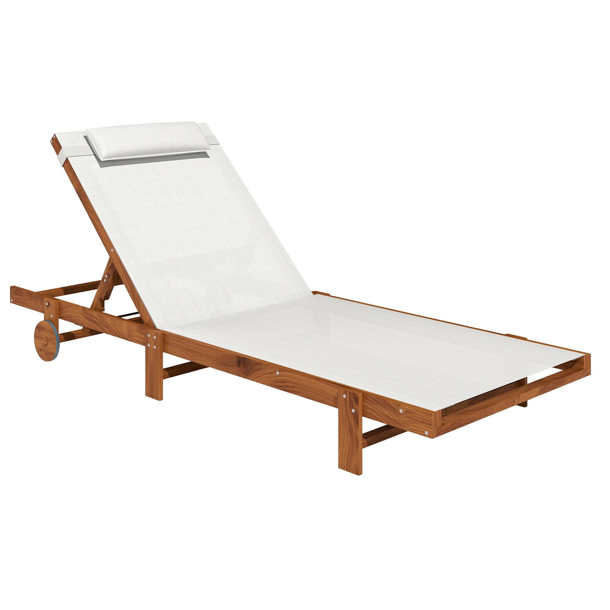 Voir la diapositive 1 : OUTSUNNY Bain de soleil style exotique bois avec 2 roues - inclinable, tétière - textilène blanc