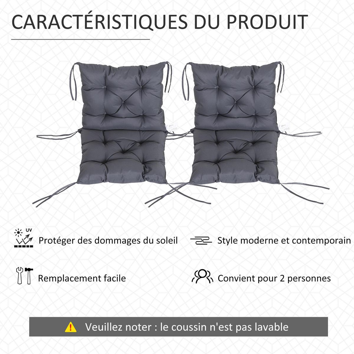 OUTSUNNY Lot de 2 coussins matelas assise dossier 2 en 1 pour chaise fauteuil grand confort 98L x 50l x 8H cm gris