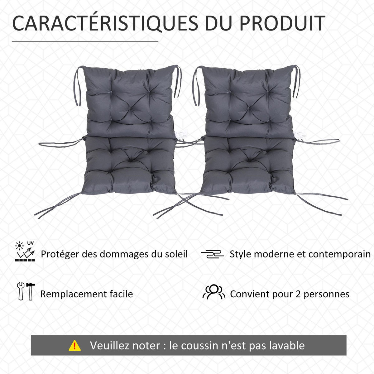 OUTSUNNY Lot de 2 coussins matelas assise dossier 2 en 1 pour chaise fauteuil grand confort 98L x 50l x 8H cm gris