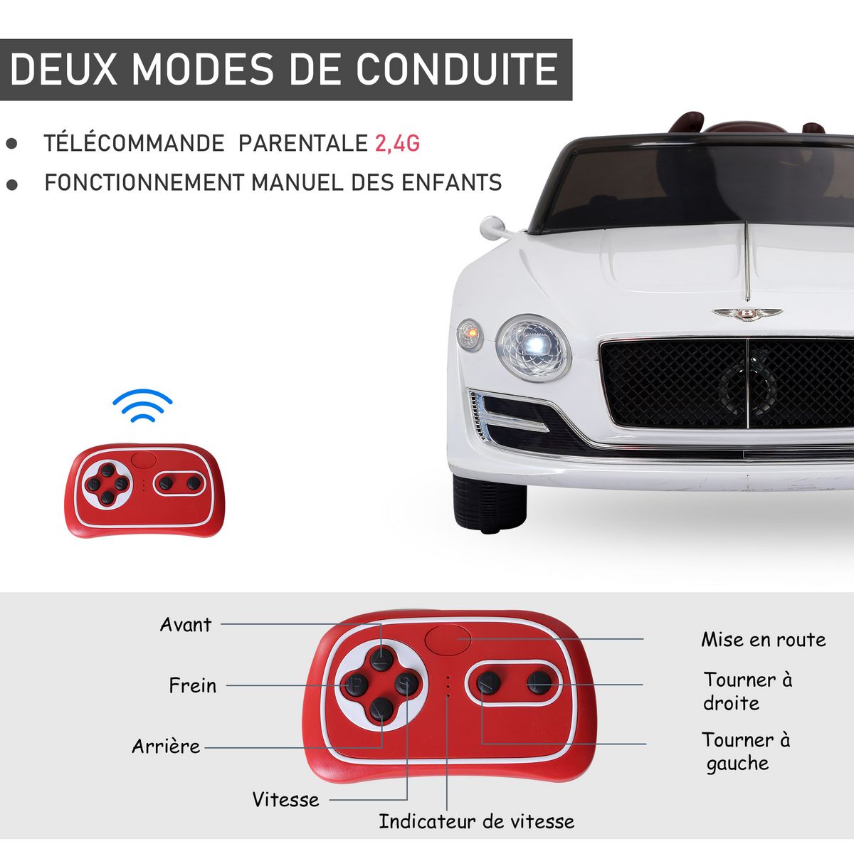 HOMCOM Véhicule électrique enfants 2 moteurs 108L x 60l x 43H cm télécommande effets sonores + lumineux blanc Bentley