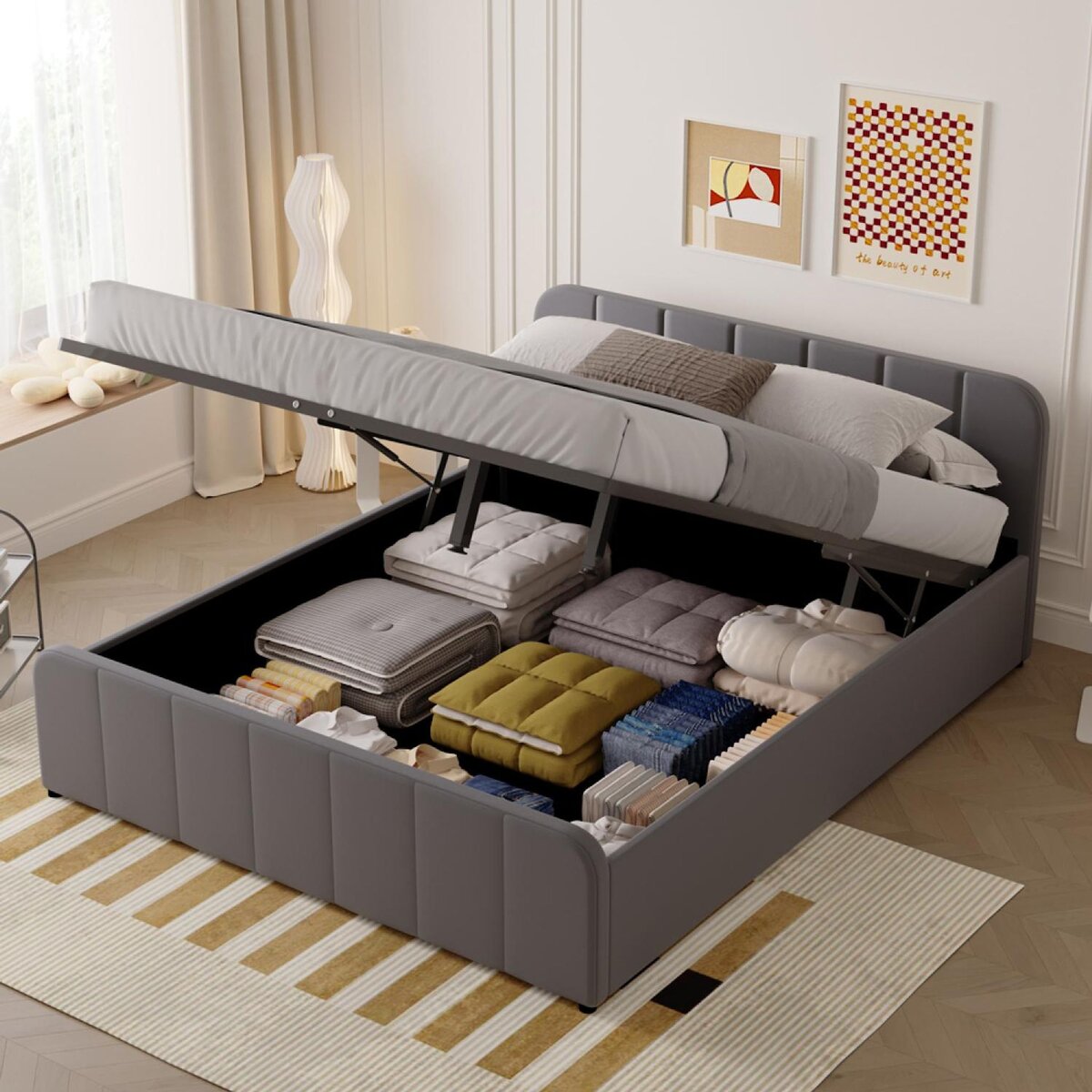 CONCEPT USINE Lit avec coffre de rangement 160x200cm en velours gris TAMPA