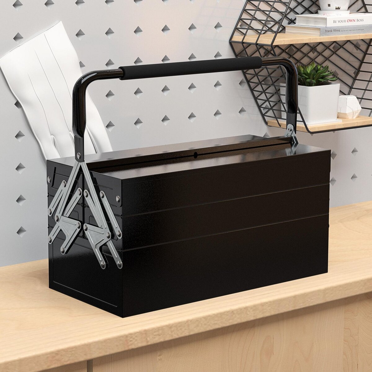 HOMCOM Boite à outils métallique - coffret à outils - caisse à outils 3 niveaux 5 plateaux rétractables - tôle acier noir