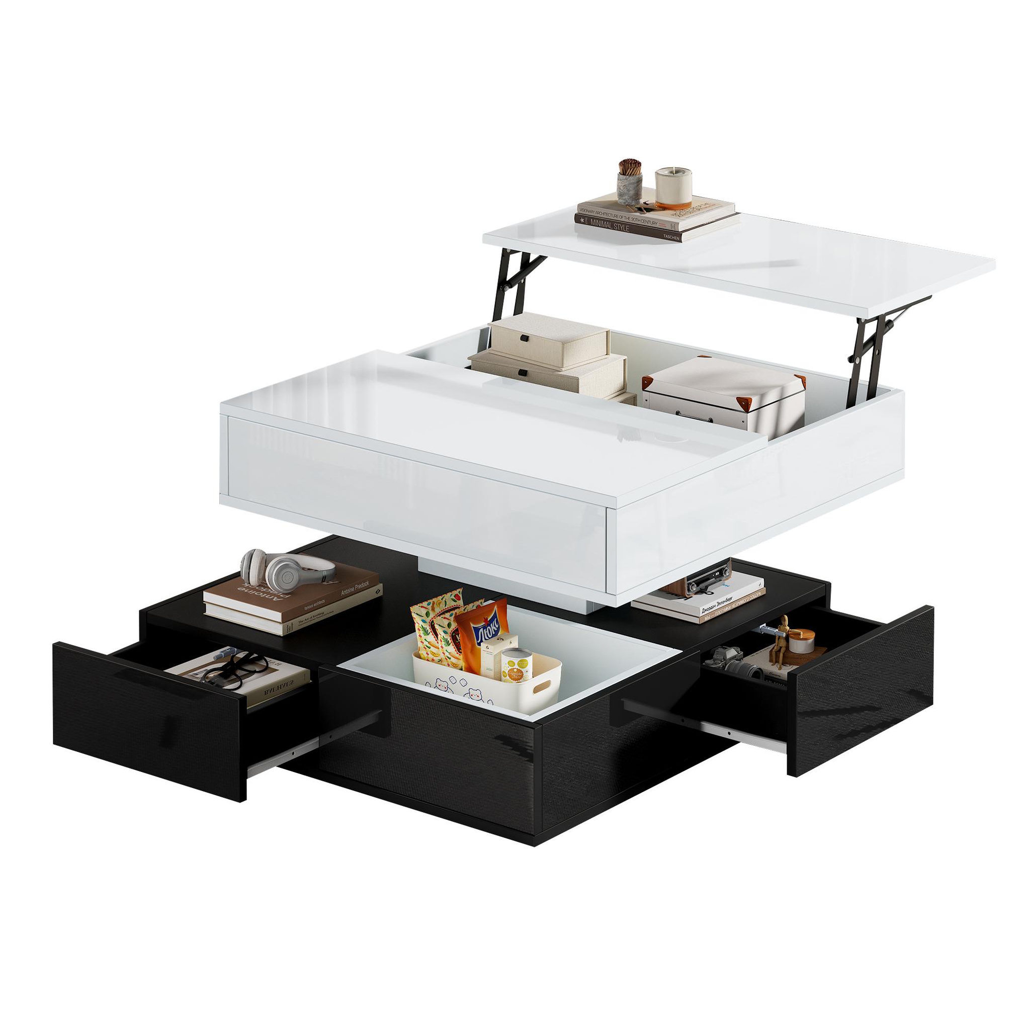 MERAX Table basse relevable pivotante carrée noir+blanc - 70x70 cm panneau de particules