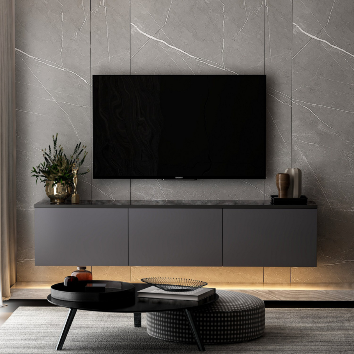 CONCEPT USINE Meuble TV contemporain anthracite avec rangement 160 cm NAEL