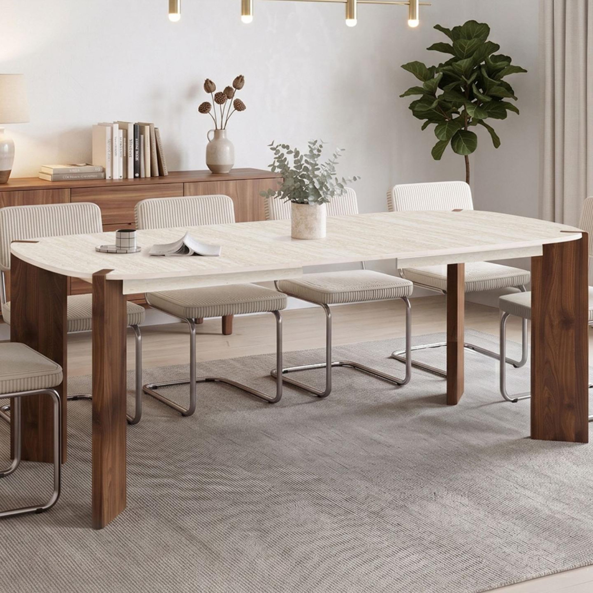 Voir la diapositive 2 : ID MARKET Table à manger extensible rectangulaire arrondie tess 6-10 personnes 4 pieds arrondis noyer plateau travertin 160-200 cm