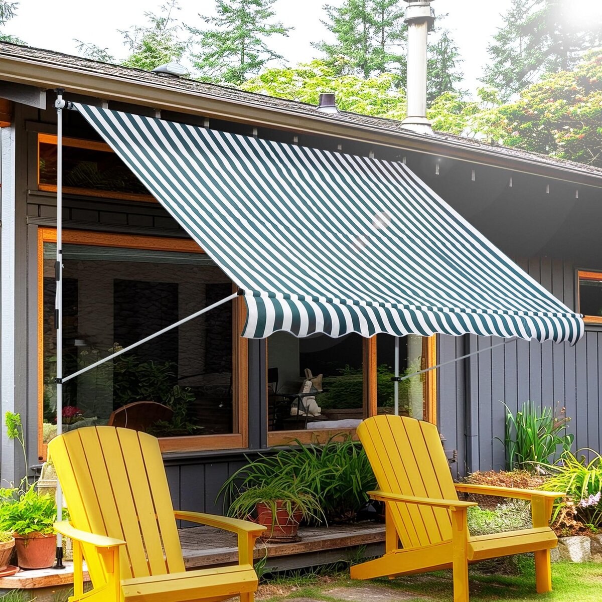 OUTSUNNY Store banne manuel rétractable 3L x 1,5l m inclinaison et hauteur réglable installation rapide métal alu polyester anti-UV vert blanc rayé