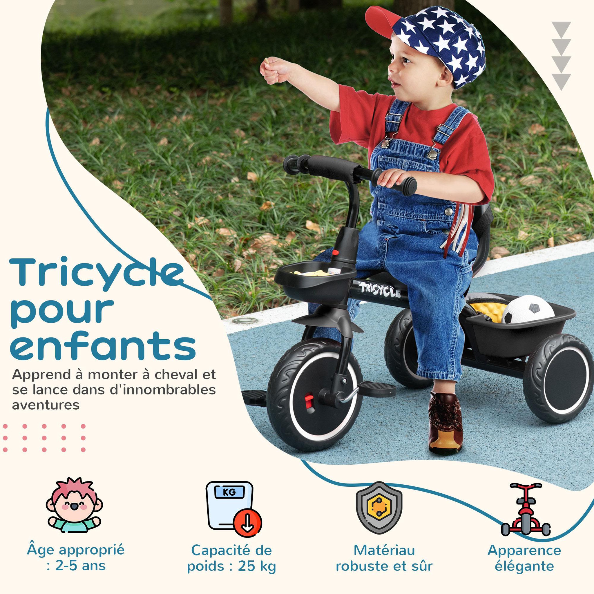 Voir la diapositive 5 : HOMCOM Tricycle pour enfant évolutif avec siège réglable - pédales - 2 paniers - ceinture - pour enfant de 2 à 5 ans - noir
