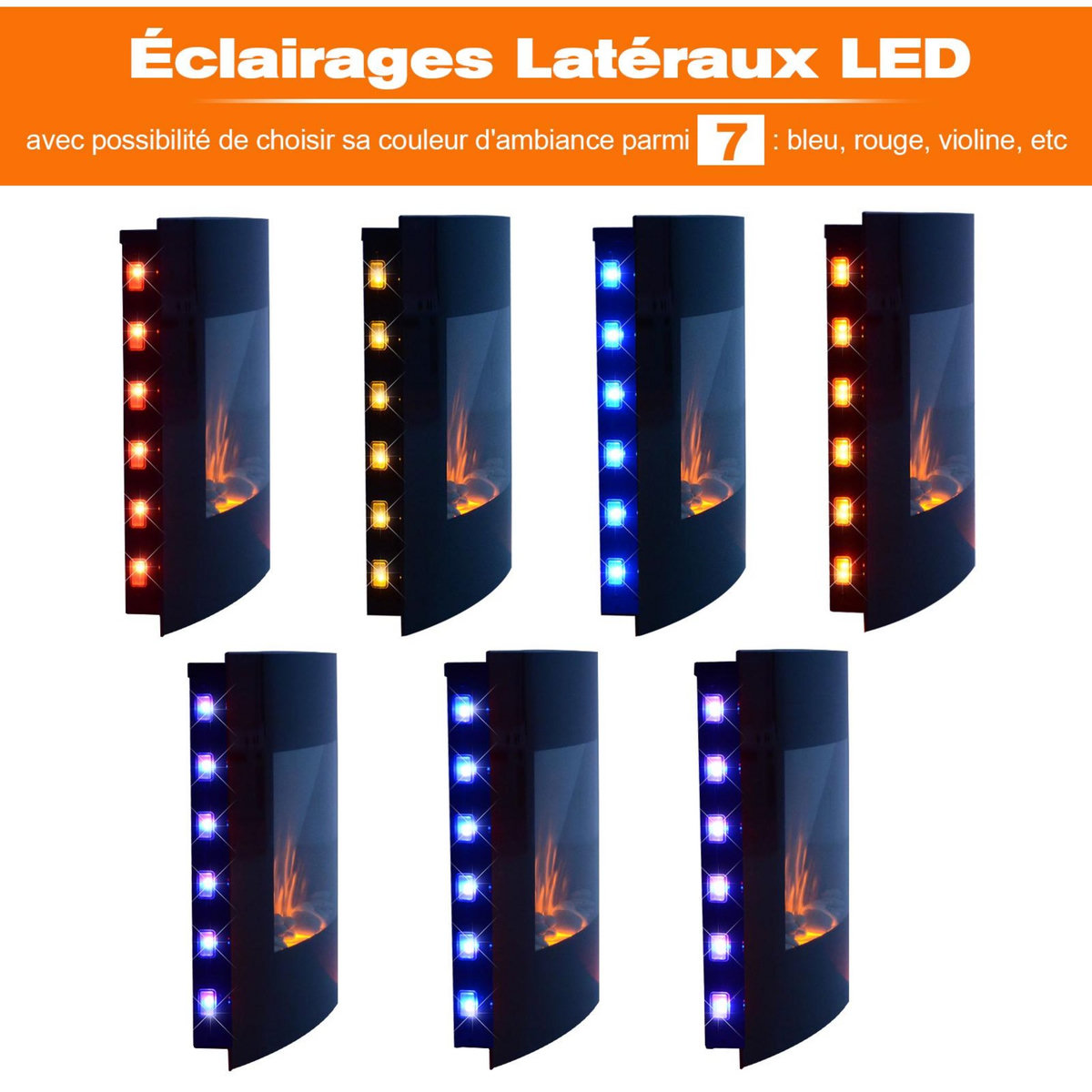 HOMCOM Cheminée électrique murale éclairages latéraux LED design avant-gardiste affichage LED avec télécommande et minuterie 900/1800 W luminosité réglable noir