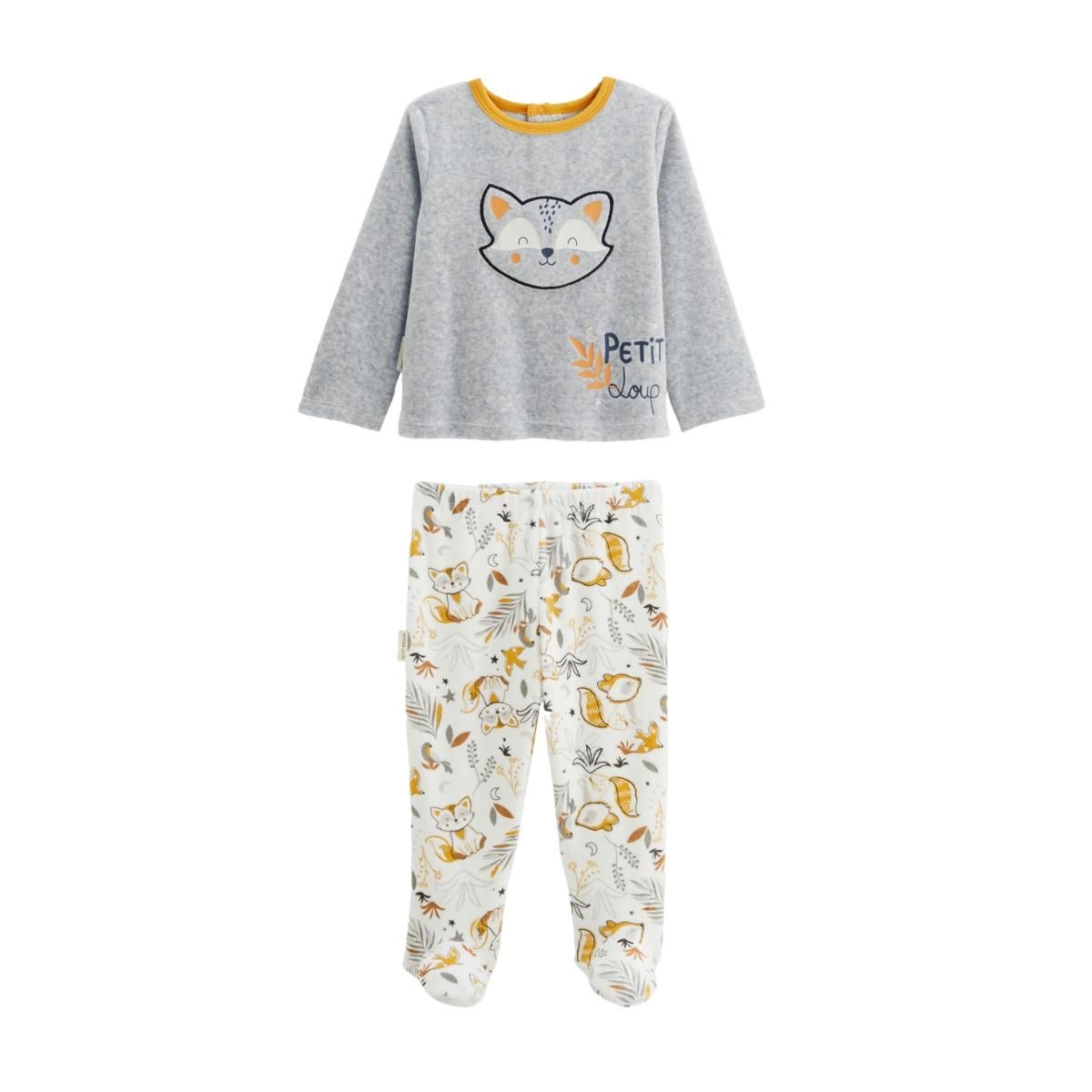 Petit Béguin Pyjama bébé 2 pièces en velours avec pieds Petit Loup