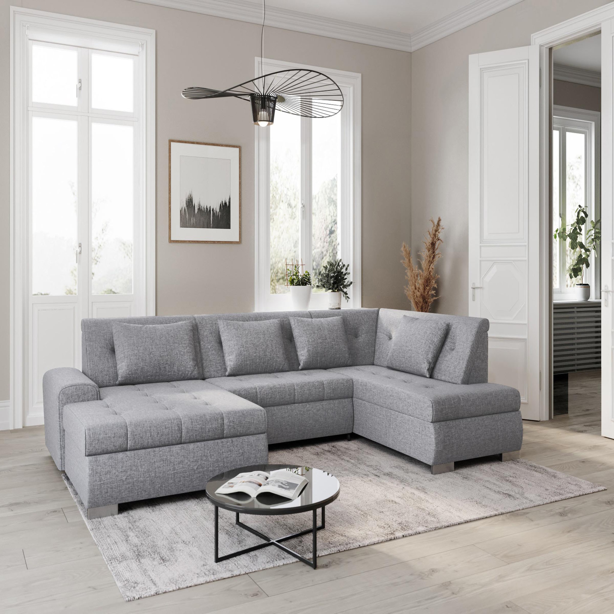 Voir la diapositive 1 : Canapé d'angle gauche panoramique convertible en tissu gris clair 6 places WIDE 