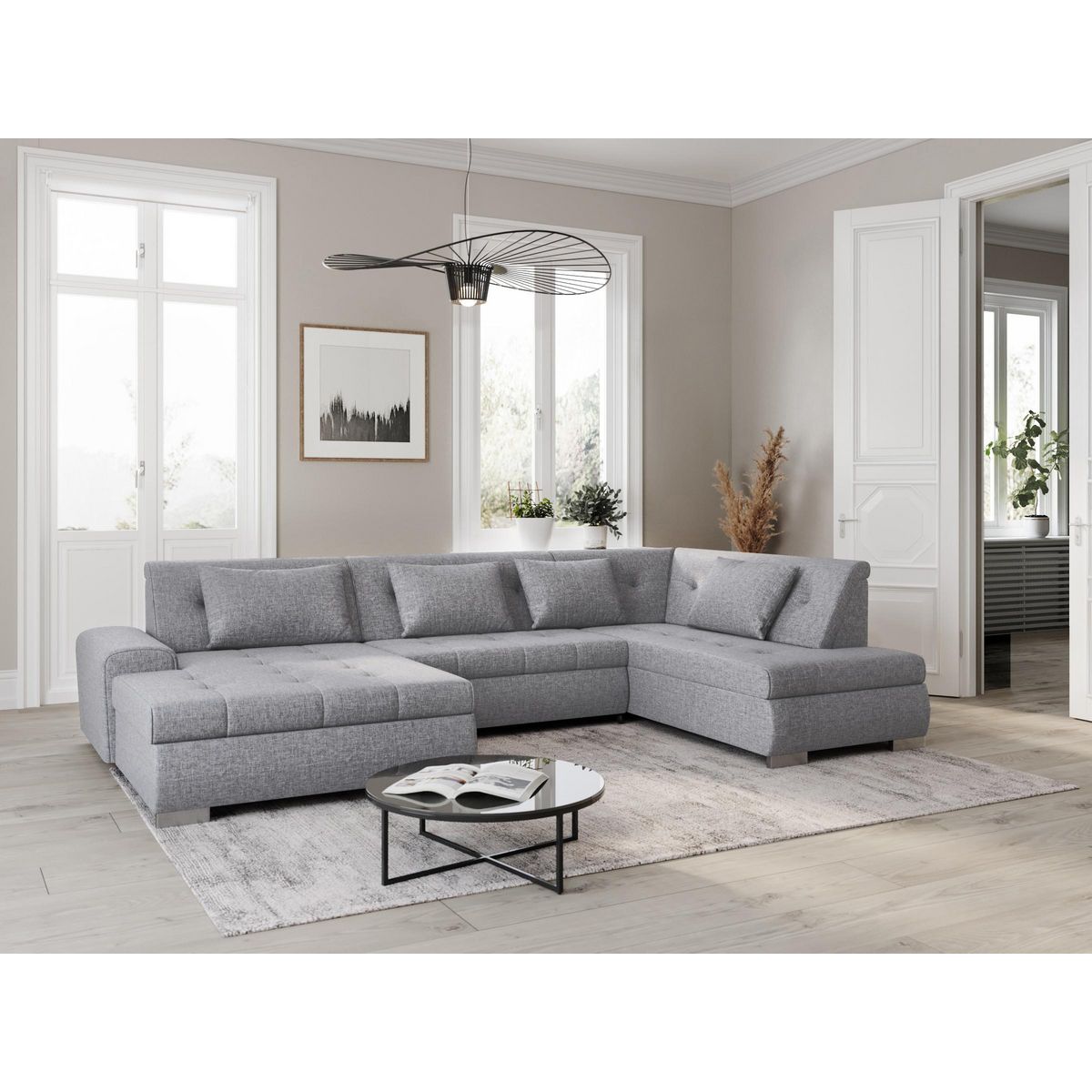 Canapé d'angle gauche panoramique convertible en tissu gris clair 6 places WIDE 