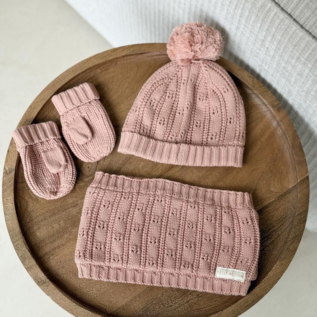 Petit Béguin Ensemble bonnet, moufles et cache-cou enfant en tricot Esmée