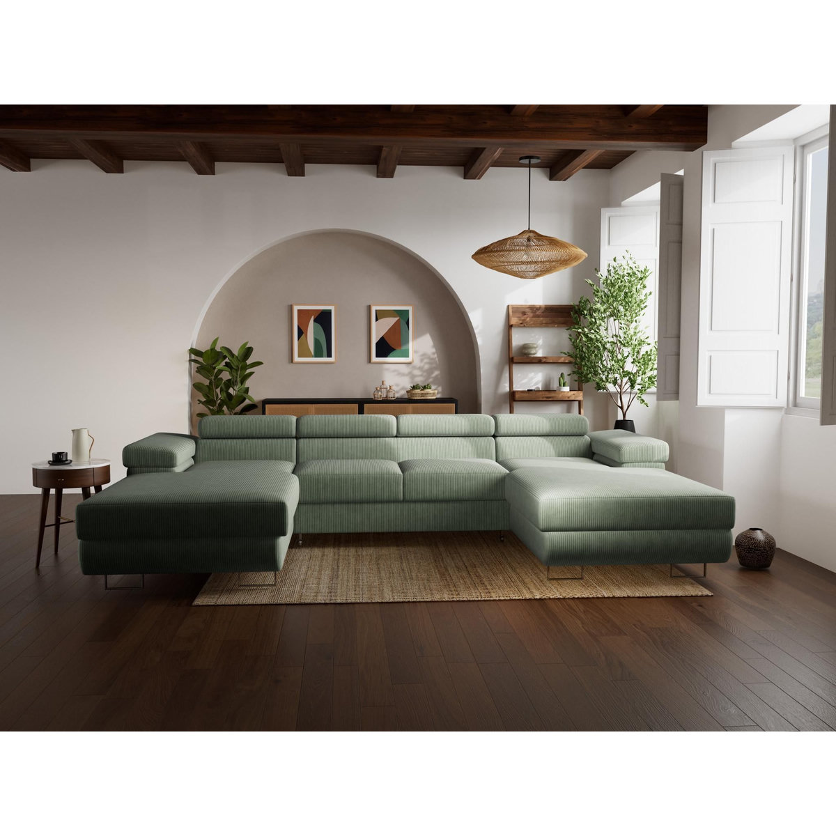 BEST MOBILIER Pablo - canapé panoramique en u - 7 places - convertible avec coffres et têtières réglables - en velours côtelé