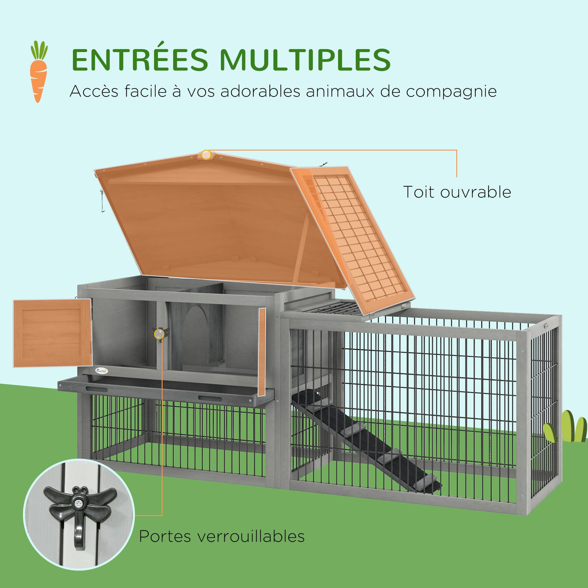 Voir la diapositive 6 : PAWHUT Clapier cage à lapins cottage - niche haute, rampe, enclos extérieur - plateau excrément, toit ouvrant, 2 portes verrouillables - bois gris