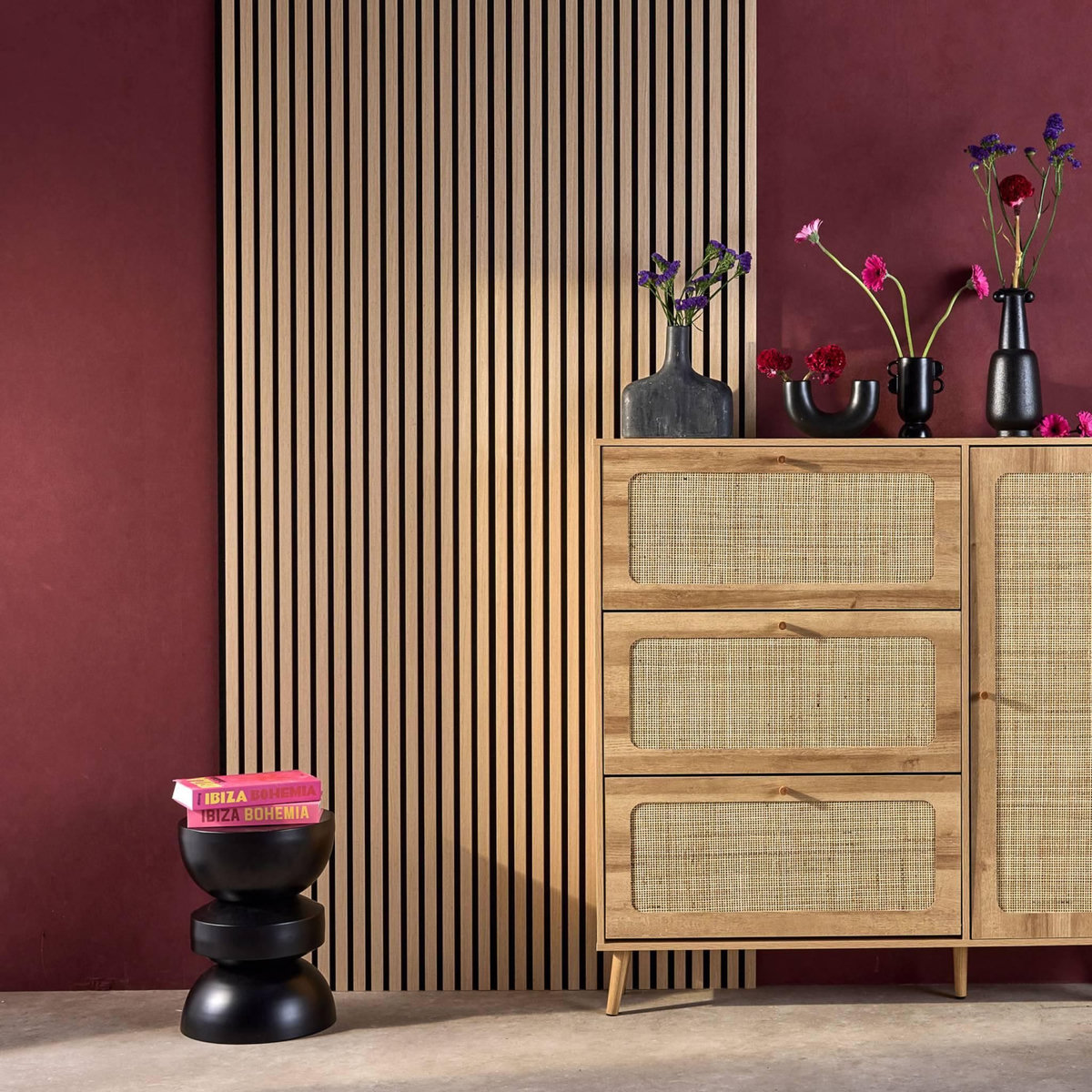 SWEEEK Set de panneaux muraux acoustiques, tasseaux décoratifs en feutrine et MDF chêne 60x120cm - Kyoto