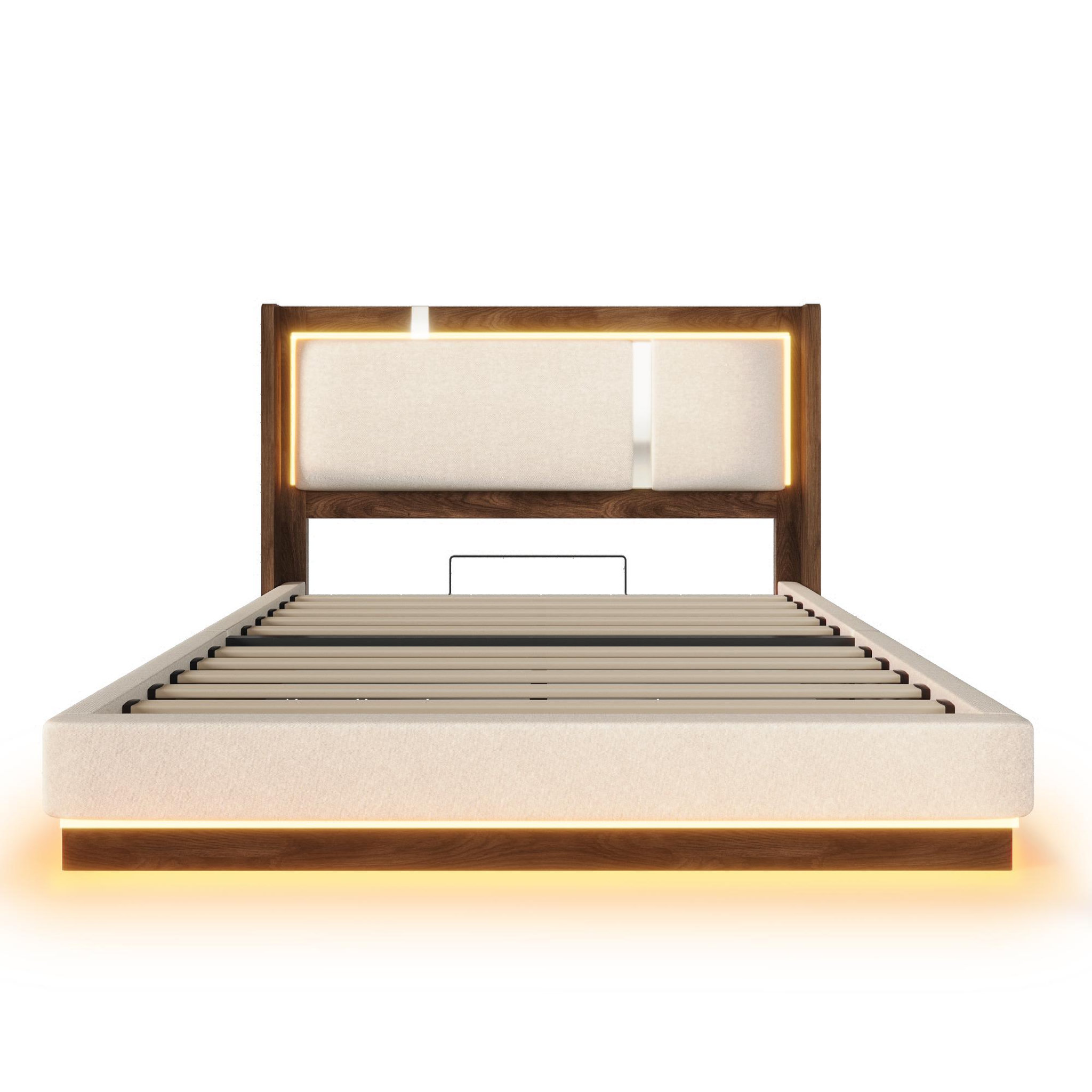 Voir la diapositive 6 : MERAX Lit double avec rangement hydraulique led tissu lin