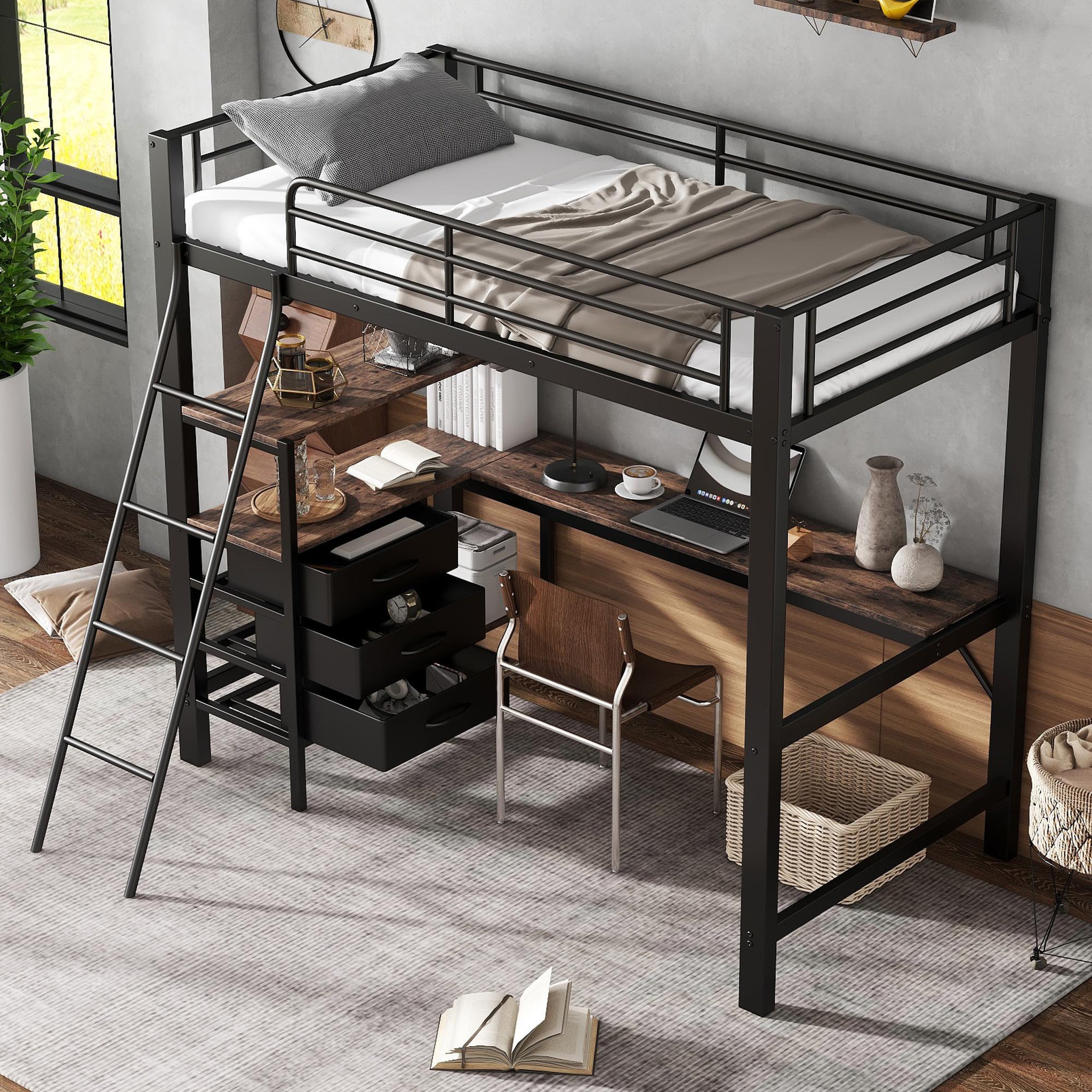 Voir la diapositive 5 : MERAX Lit mezzanine 90x200cm métal et bois coloris noir