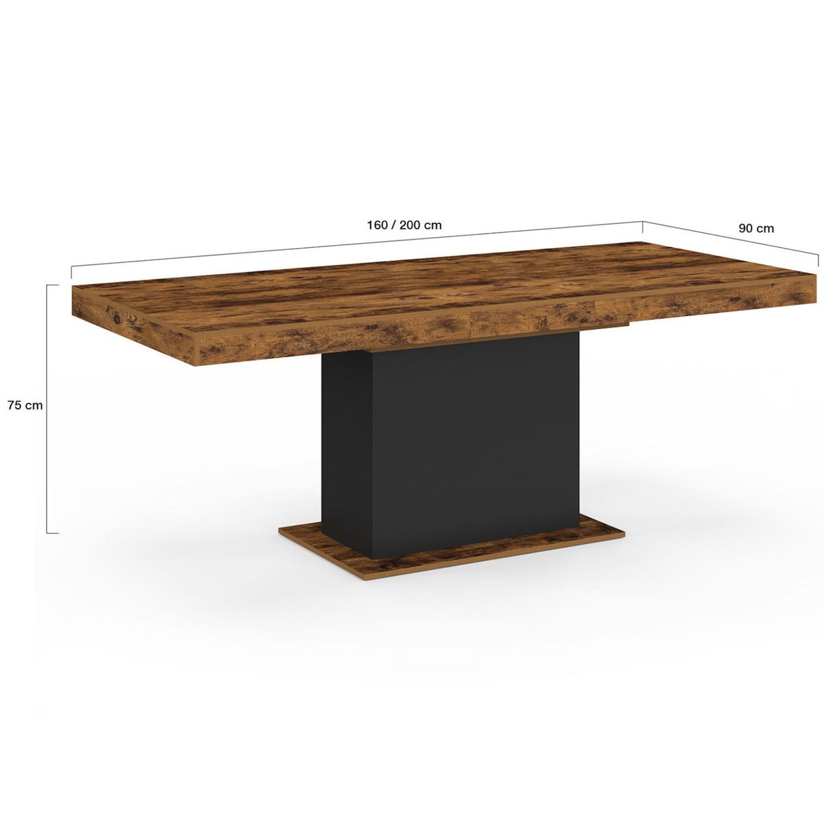 ID MARKET Table à manger extensible rectangle EDEN 6-10 personnes bois effet vieilli et noir 160-200 cm