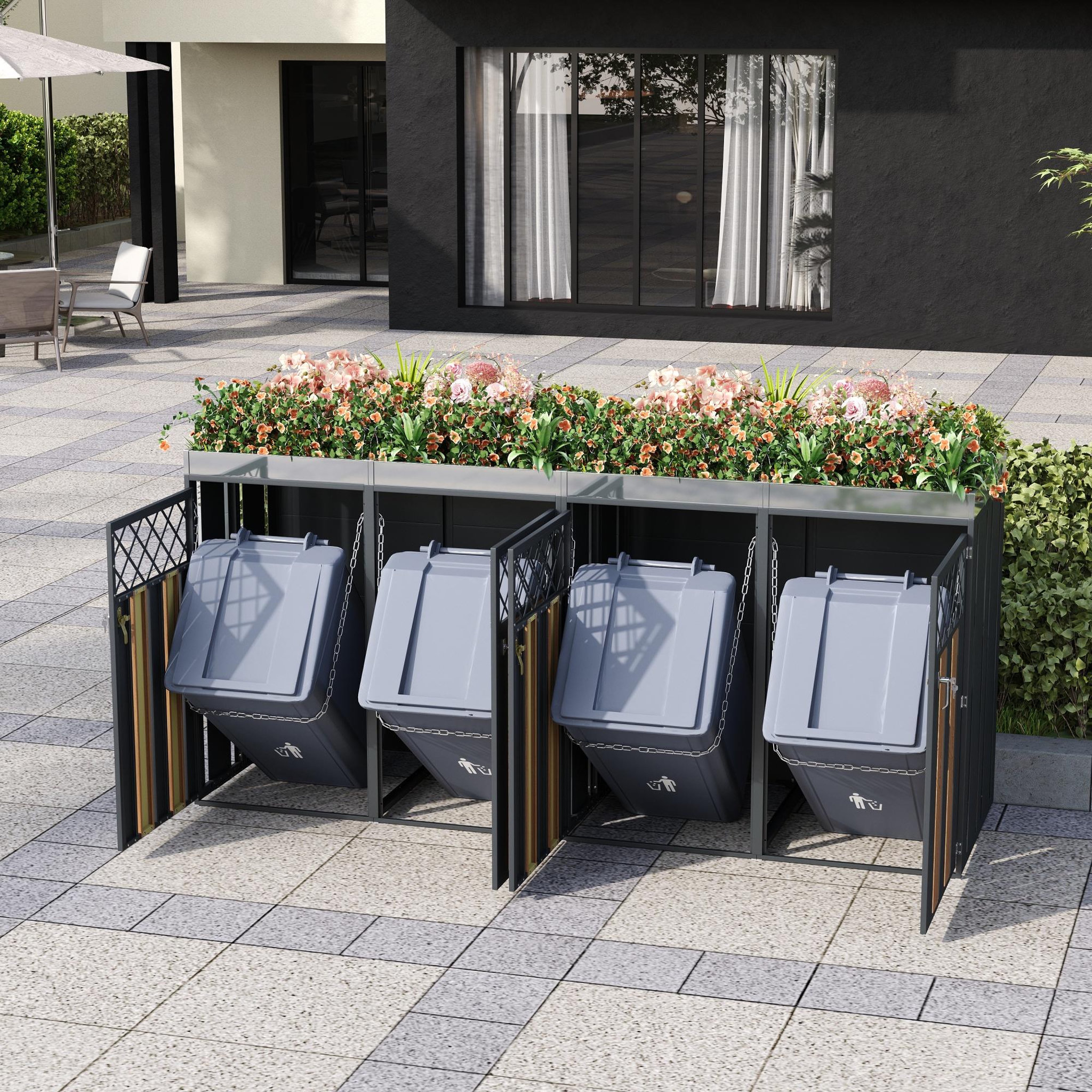 Voir la diapositive 5 : MERAX Cache Poubelle Extérieur Lot de 2 avec Bac à Plantes, Rangement, Gris