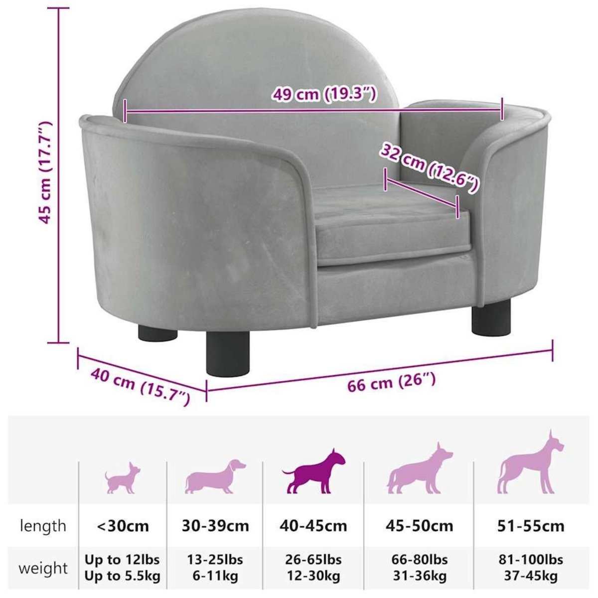 VIDAXL Lit pour chien gris clair 66x40x45 cm velours