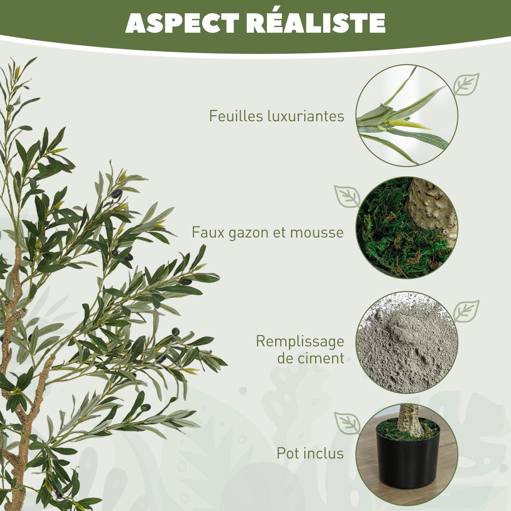 Voir la diapositive 5 : HOMCOM Olivier artificiel 150 cm plante artificielle intérieur en pot avec des feuilles et fruits réalistes