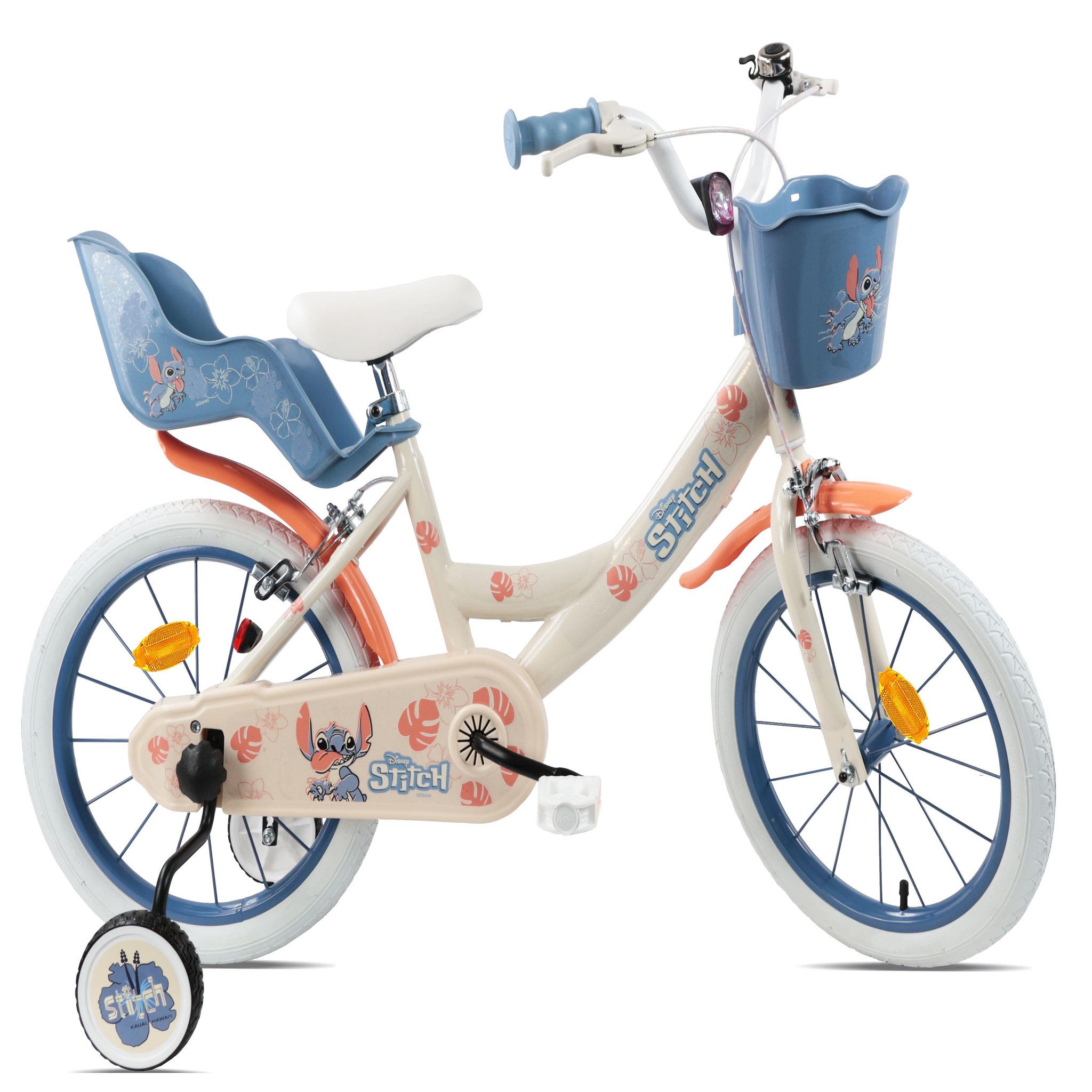 DISNEY Vélo enfant 16'' STITCH / DISNEY (Taille de l'enfant 100 cm à 125 cm) équipé de 2 freins, panier, porte poupée et stabilisateurs
