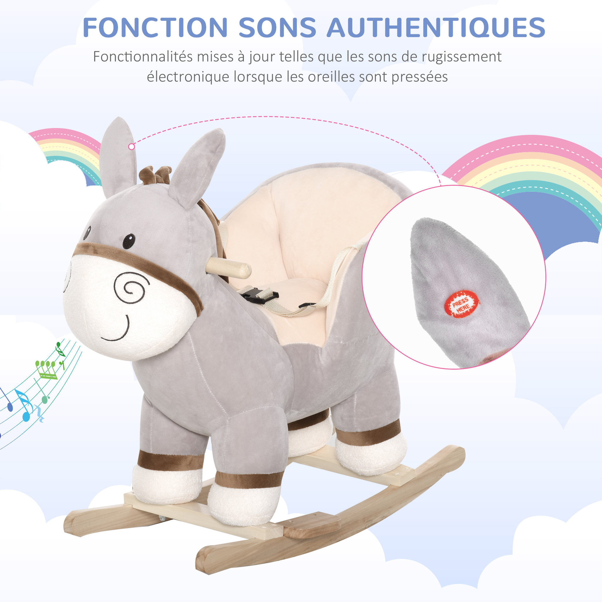 Voir la diapositive 6 : HOMCOM Cheval à bascule modèle âne fonction musicale selle grand confort peluche courte douce bois peuplier gris dim. 61L x 34l x 58H cm