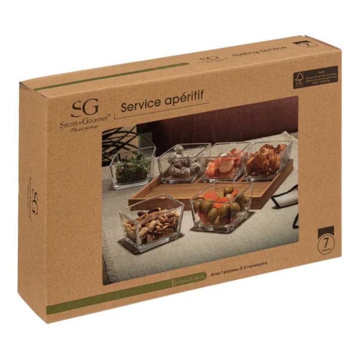 SECRET DE GOURMET Service Apéritif 7 Pièces  Bambou  28cm Transparent