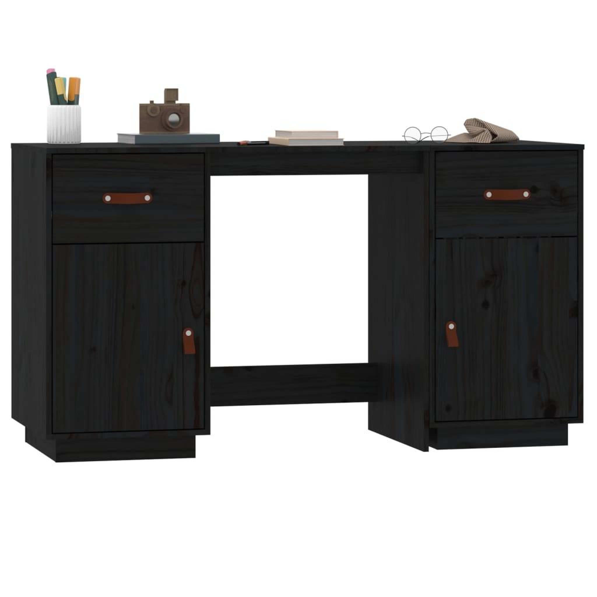Voir la diapositive 4 : VIDAXL Bureau avec armoires Noir 135x50x75 cm Bois massif de pin