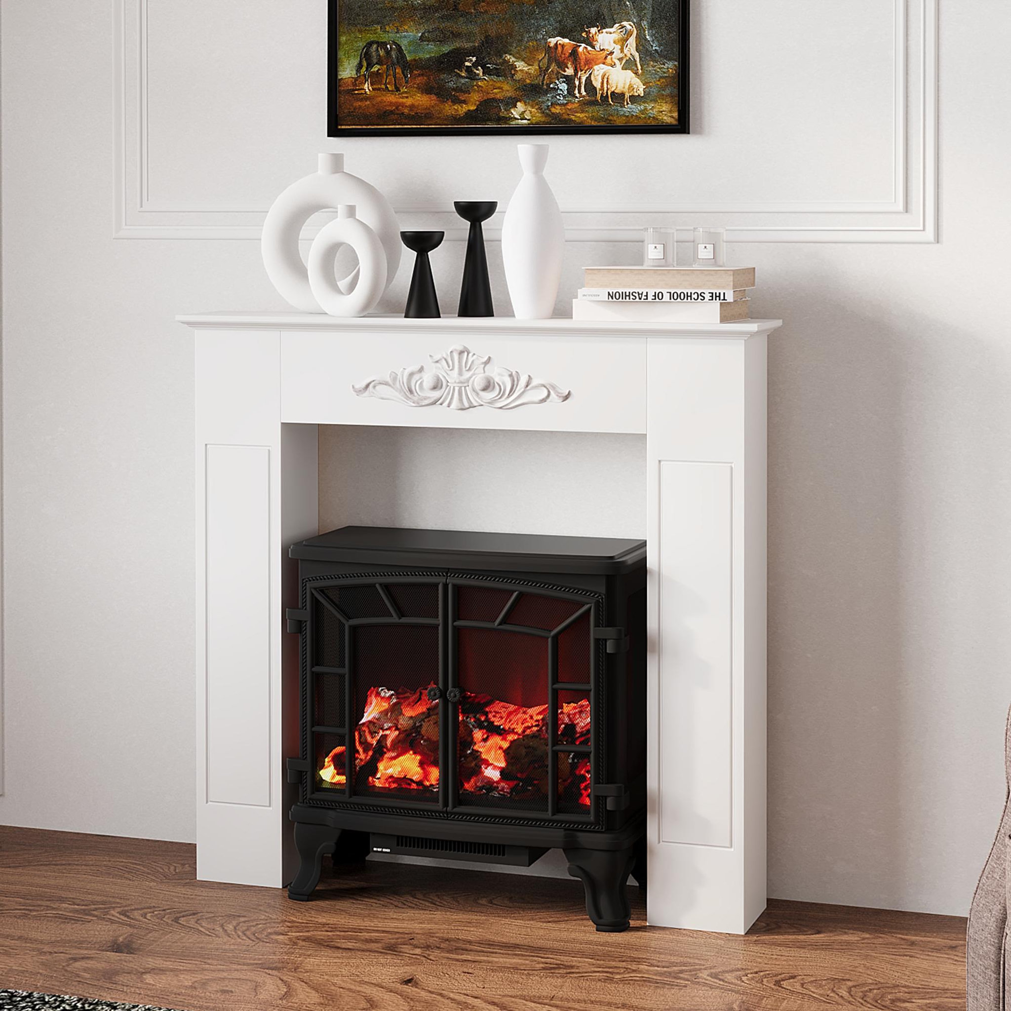 Voir la diapositive 2 : HOMCOM Manteau de cheminée style baroque - dim. 101l x 19l x 100h cm - bois de sapin blanc effet vieilli