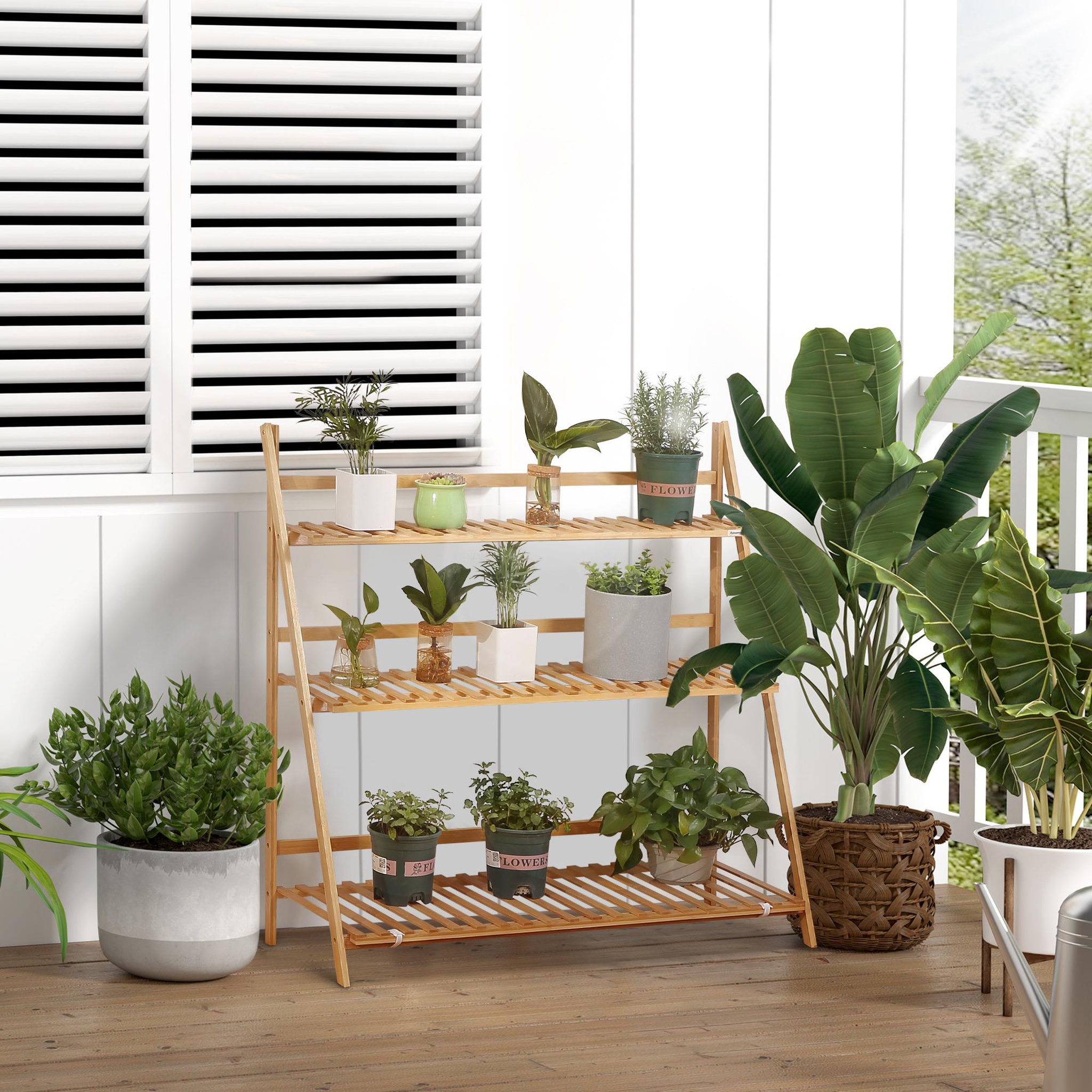 Voir la diapositive 2 : OUTSUNNY Étagère échelle à fleurs en bois de bambou - porte plantes pliable bois 3 étagères à lattes