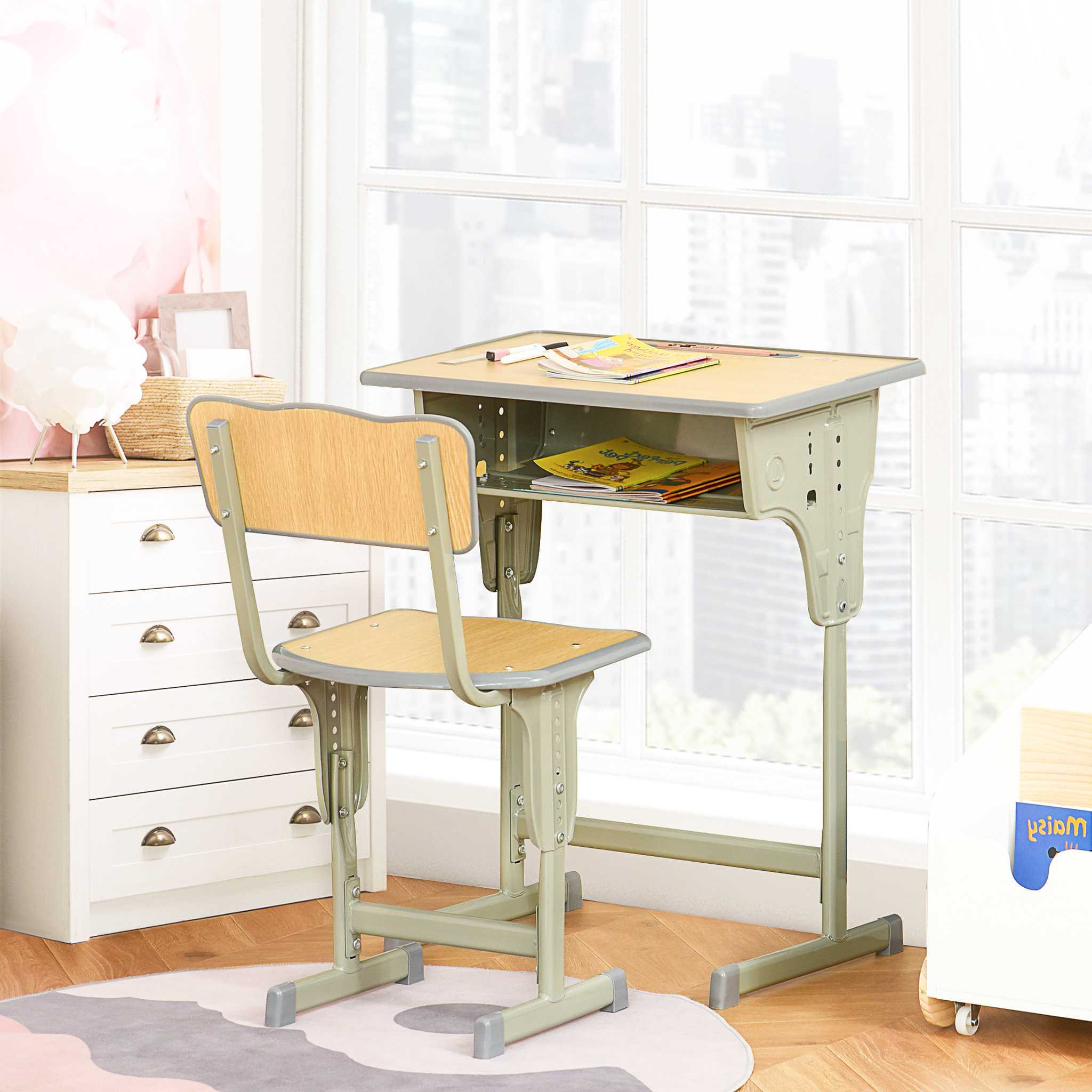 Voir la diapositive 4 : HOMCOM HOMCOM Bureau enfant Vintage style pupitre d'écolier - ensemble bureau et chaise réglable - case de rangement, bracket, range-stylos - acier kaki MDF aspect bois clair