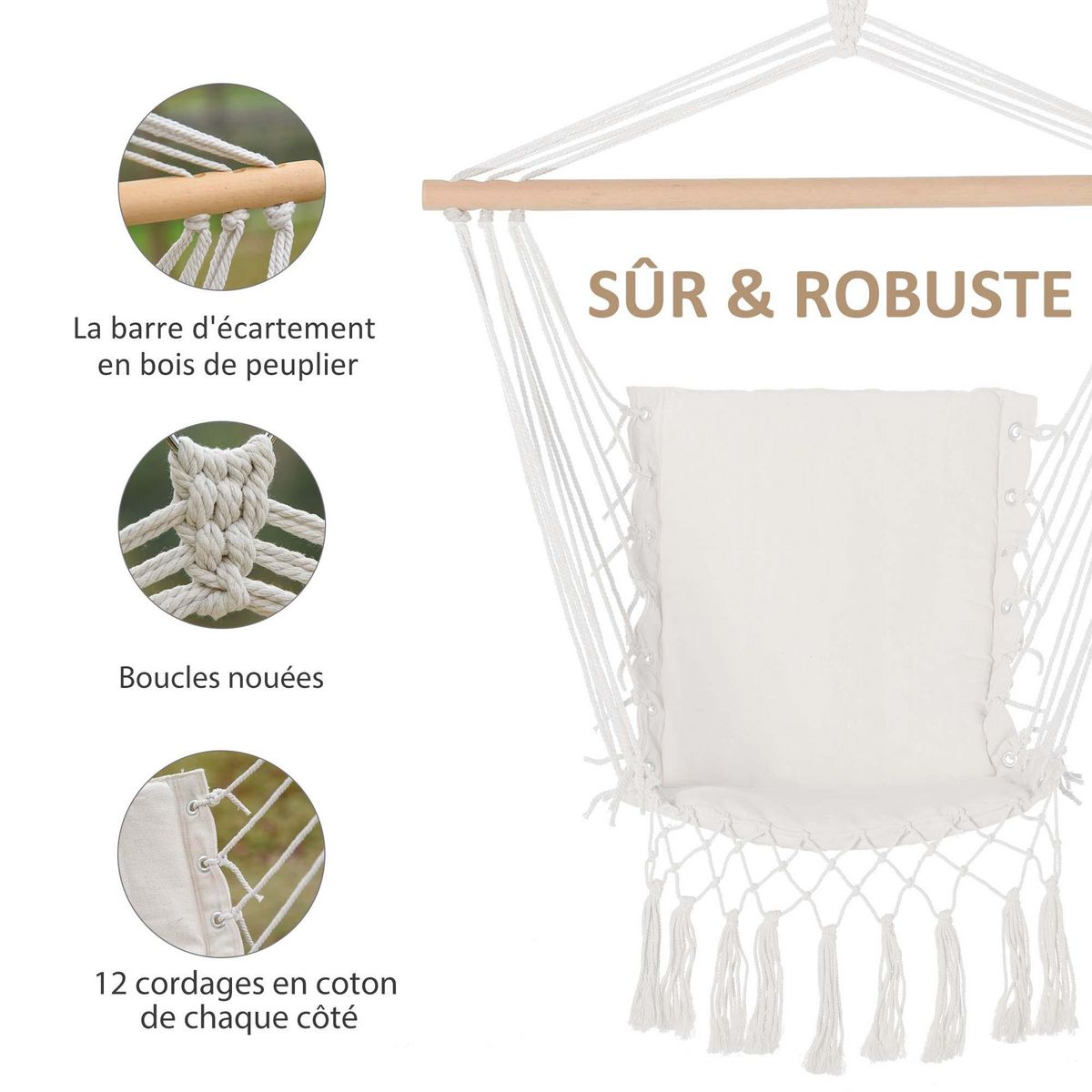 OUTSUNNY Chaise suspendue chaise hamac de voyage portable assise dossier rembourrés macramé coton polyester beige