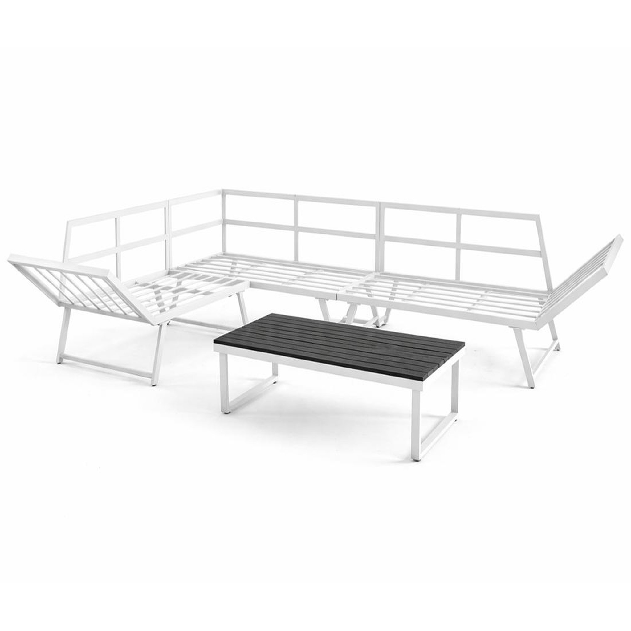 Voir la diapositive 6 : BEST MOBILIER Konna - salon de jardin d'angle en acier blanc - 5 places - coussin beige et table incluse