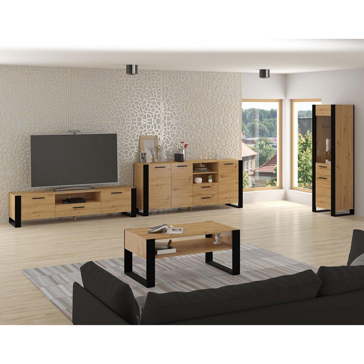 BEST MOBILIER Donnely - vitrine - effet bois et noir - 188 cm