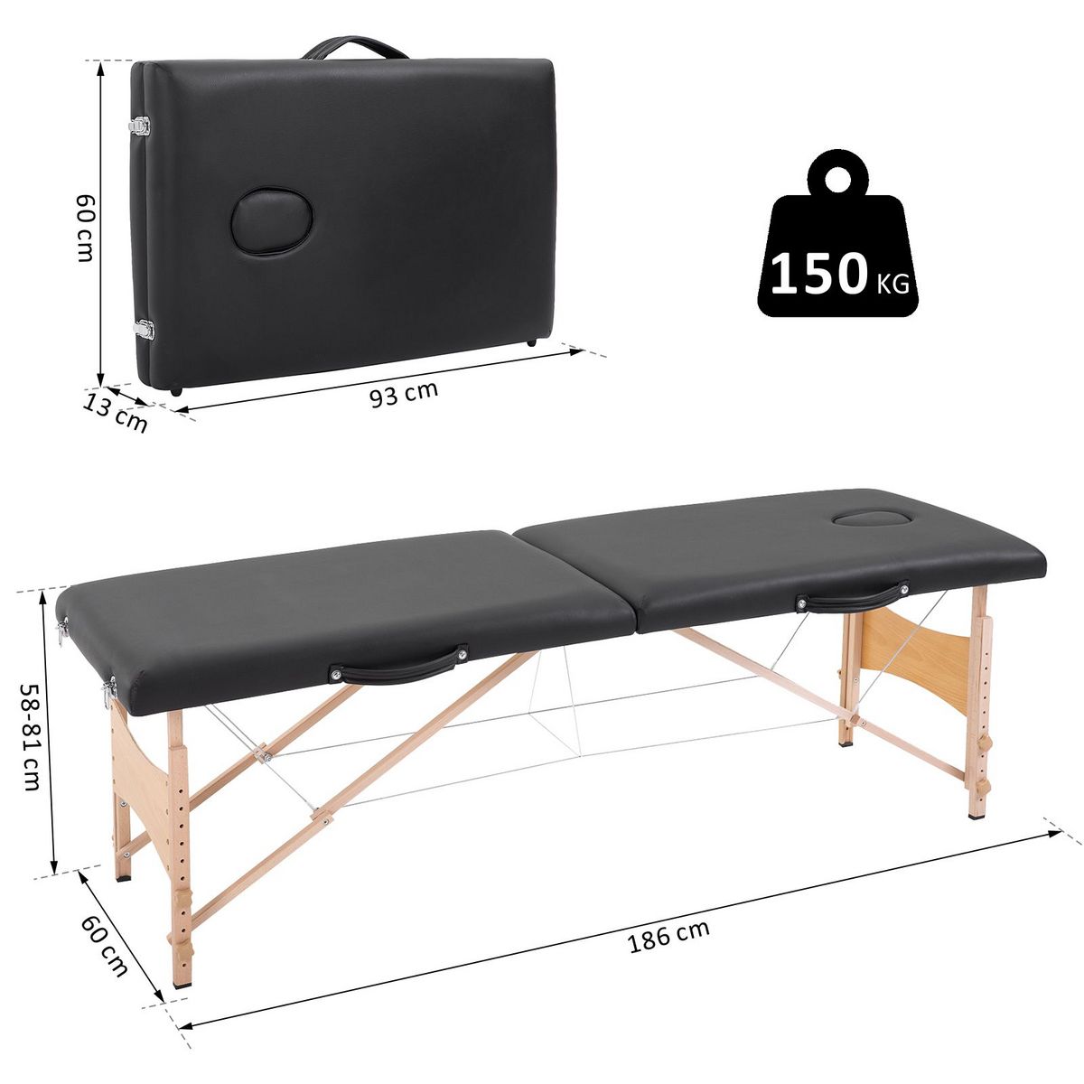 HOMCOM Table de massage pliante lit table de beauté 2 zones portable sac de tranport inclus hauteur réglable dim. 186L x 60l x 58-81H cm bois massif revêtement synthétique noir